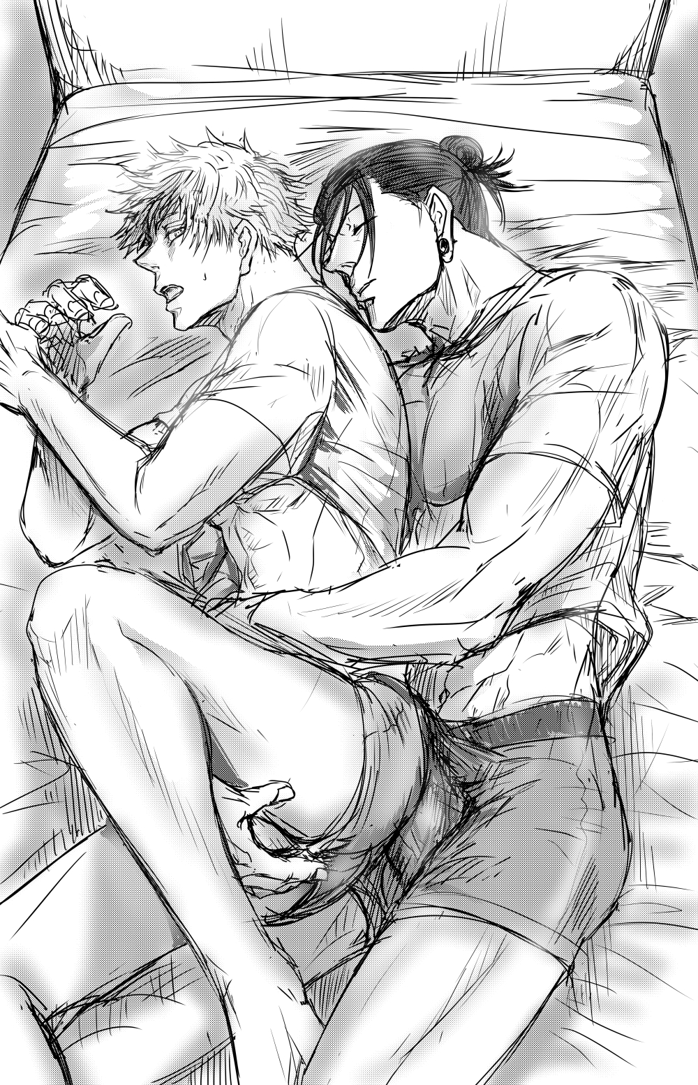 2boys, bed, boner, boner in pants, cuddling, erect penis, erection, erection under clothes, from behind, gay, hugging, jujutsu kaisen, male, male on male, penis, poking with penis, satoru gojo, suguru geto, yaoi