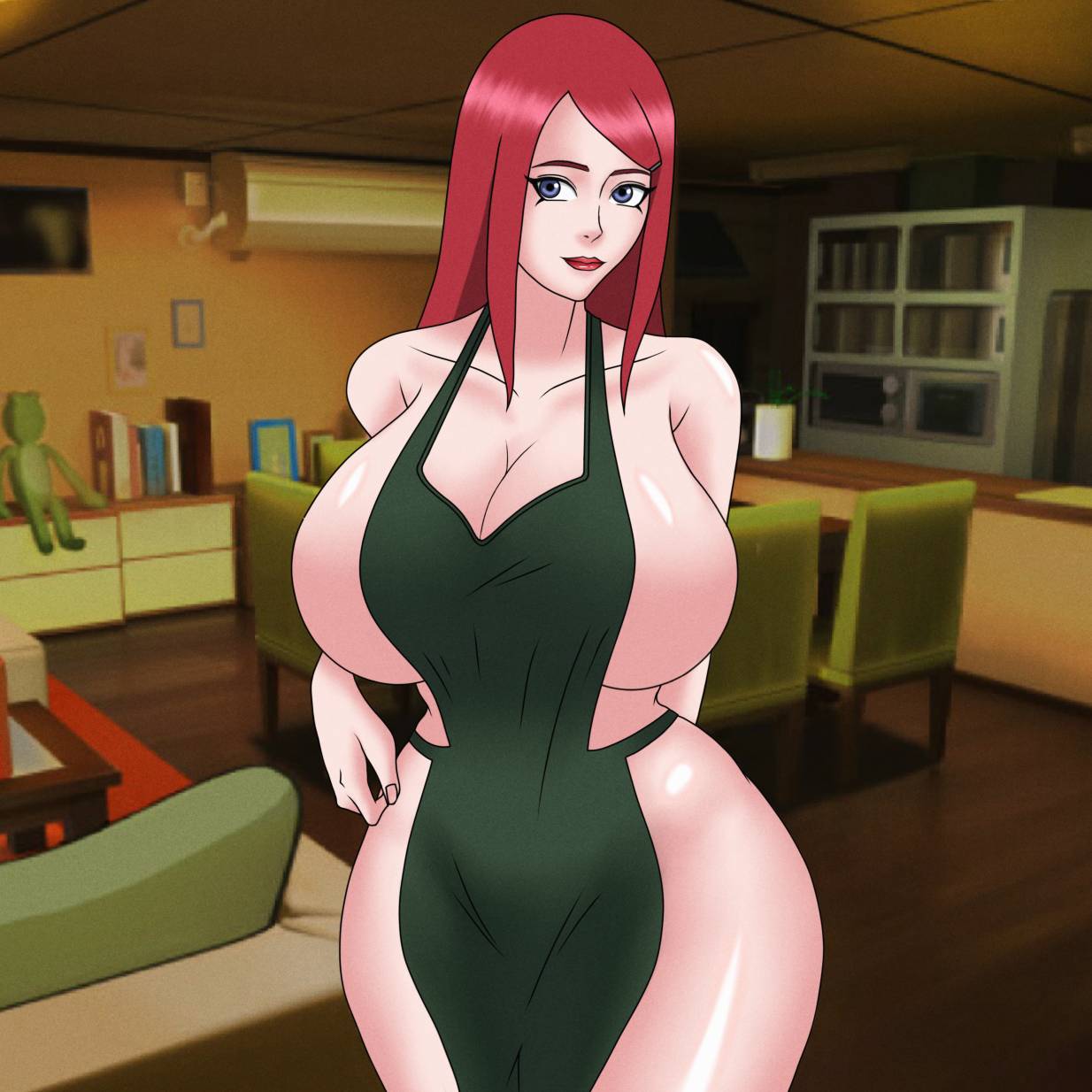 1girls almost_naked apron apron_only barely_clothed big_breasts breasts cleavage functionally_nude functionally_nude_female hourglass_figure huge_breasts indoors lipstick living_room long_hair looking_at_viewer makeup mature mature_female milf mostly_nude naked_apron naruto naruto_(series) naruto_shippuden red_hair solo solo_focus sutokatsu uzumaki_kushina voluptuous wide_hips