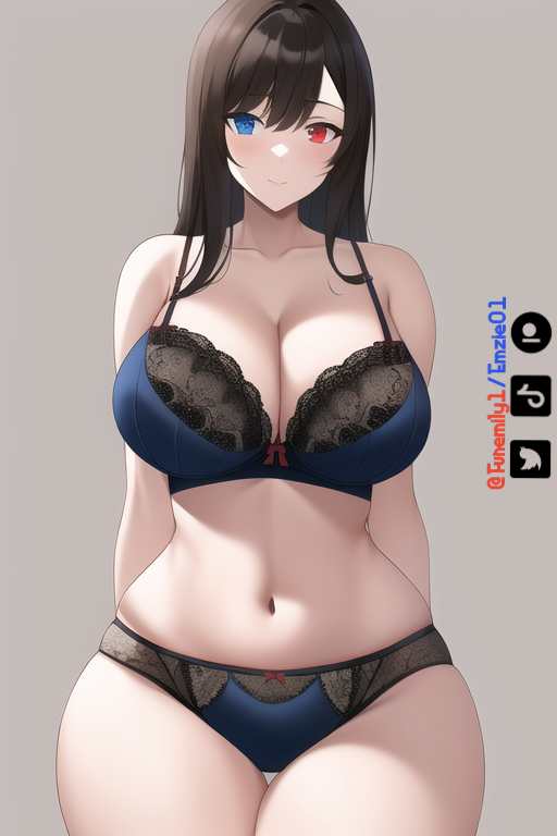 1girls ai_generated artist_self-insert blue_eyes bra emzie01 funemily1 hands_behind_back heterochromia large_breasts long_hair mommy mommy_kink nai_diffusion panties red_eyes smile stable_diffusion standing tagme thick_thighs thigh_gap watermark wide_hips