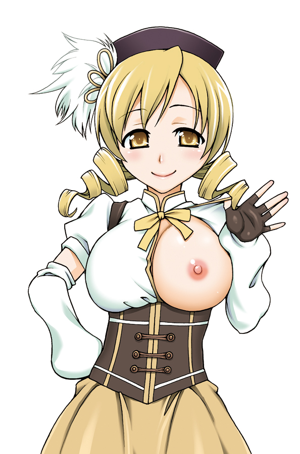 10s big_breasts blonde_hair blush bow breast_slip breasts drill_hair elbow_gloves female fingerless_gloves gloves hat large_breasts magical_girl mahou_shoujo_madoka_magica nipples one_breast_out open_clothes skirt smile solo tomoe_mami twin_drills twintails unagimaru yellow_eyes young