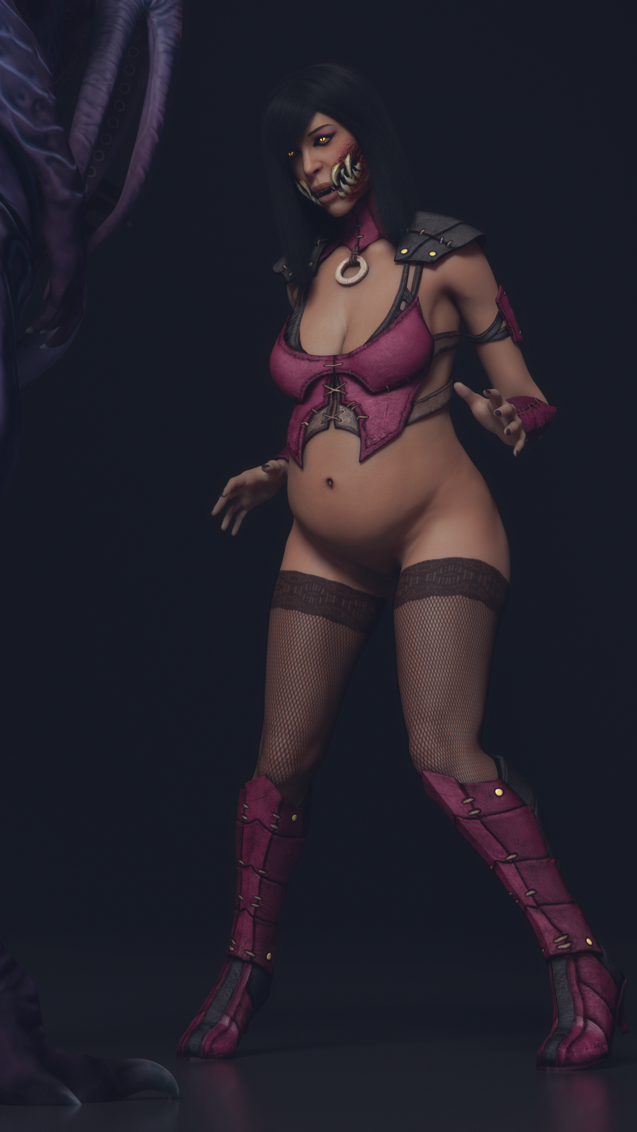 3d, female, female focus, mileena, mileena (mkx), mind flayer, monster, mortal kombat, mortal kombat x, nocskylark, pregnant, yellow eyes
