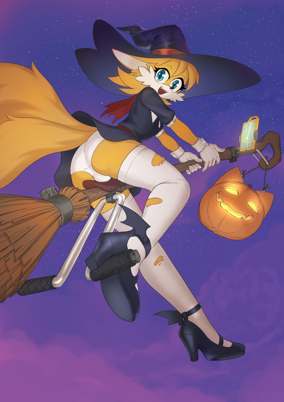 1futa blue_eyes bulge clothed costume cute fang feminine_tails flying girly gloved halloween heels holidays humanoid miles_prower no_humans non-human non-human_only orange_fur panties ripped_stockings sega sonic_(series) sonic_the_hedgehog_(series) sparkydb tail tails tailsko thighhighs white_fur witch_hat