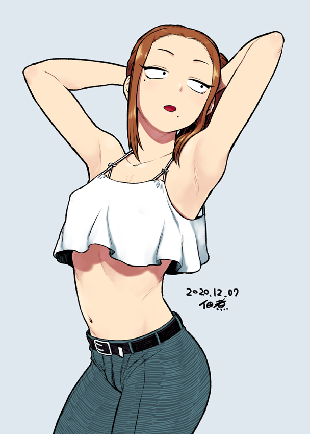 1girls abs armpit_crease armpit_fetish armpits arms_up artist_request beauty_mark brown_hair clothes komi-san_wa_komyushou_desu light_skin looking_away onemine_nene presenting_armpit presenting_armpits solo solo_female solo_focus