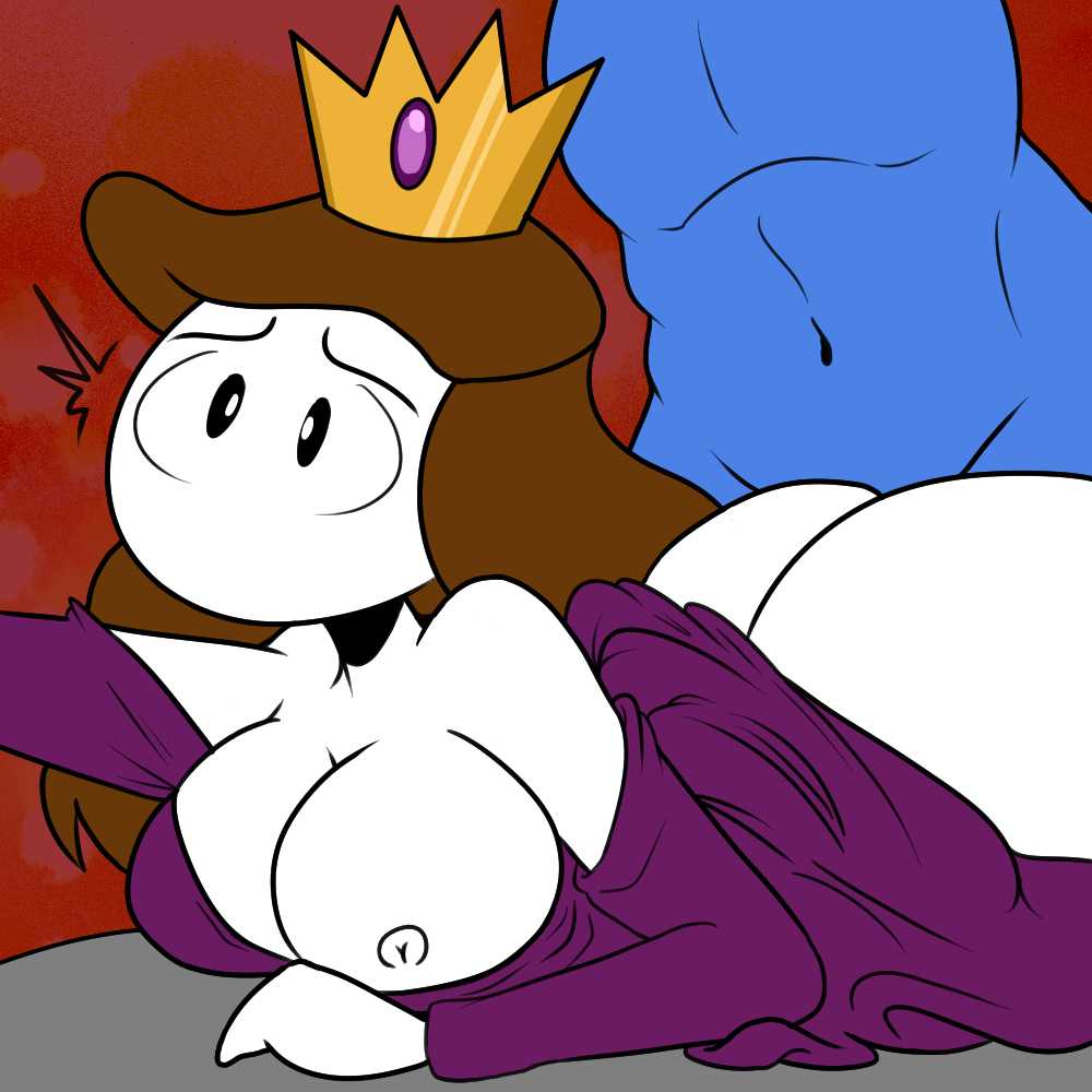 ambiguous_penetration anon ass belly_button big_breasts bluejr breasts brown_hair crown let_me_explain_studios nipples no_mouth on_stomach one_breast_out purple_dress rebecca_parham sex straight suprised suprised_eyes tagme thick_ass youtube youtuber