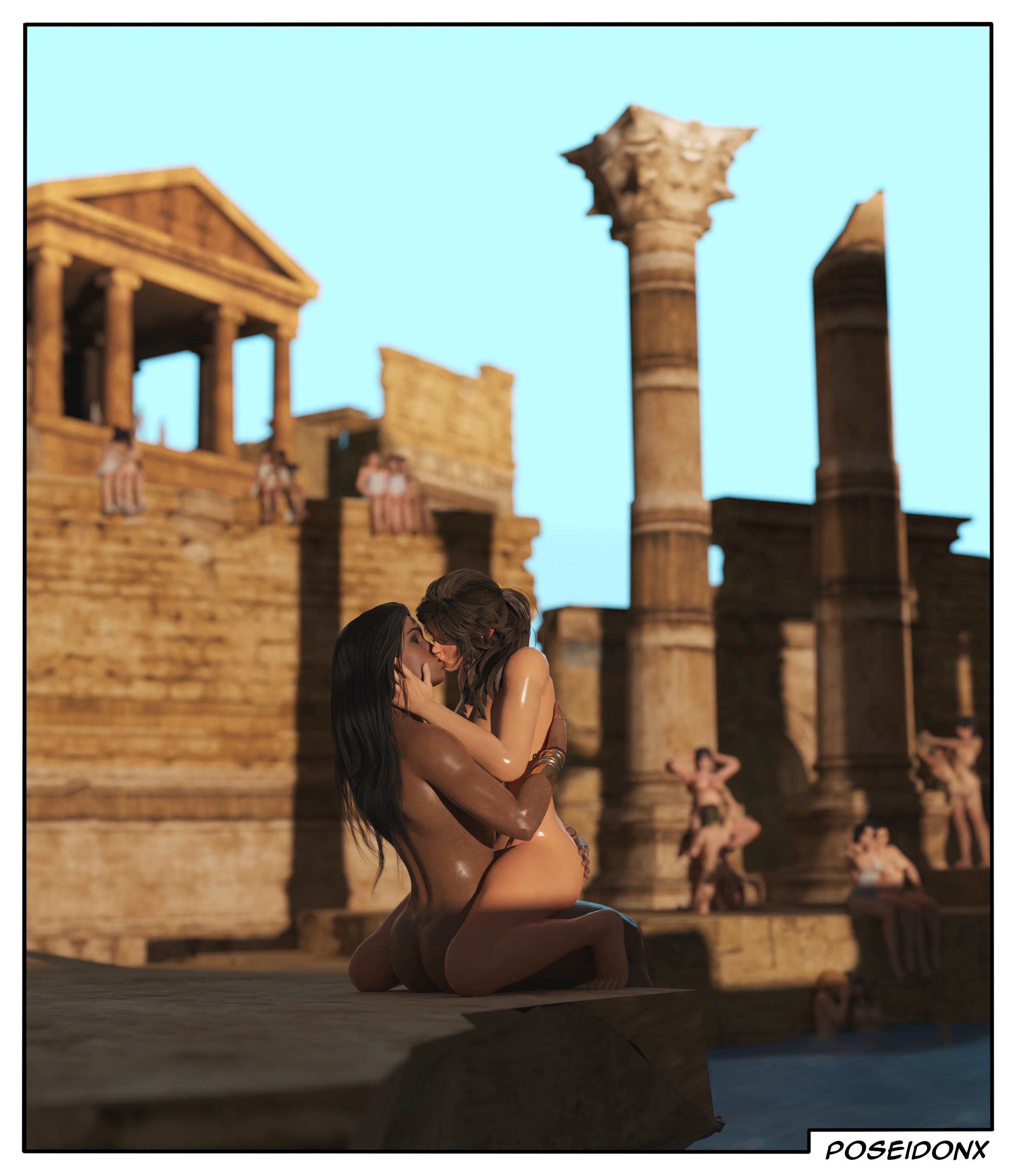 3d, 3d (artwork), ancient greece, barefoot, bracelet, crossover, cunnilingus, dark skin, dark-skinned female, dc, dc comics, diana prince, feet, female, female only, greek mythology, human, interracial, kissing, lara croft, lara croft (survivor), lesbian sex, light skin, light-skinned female, multiple females, multiple girls, nude, nude female, orgy, poseidonx, public, public sex, temple, toes, tomb raider, tomb raider (survivor), wonder woman, wonder woman (series), yuri