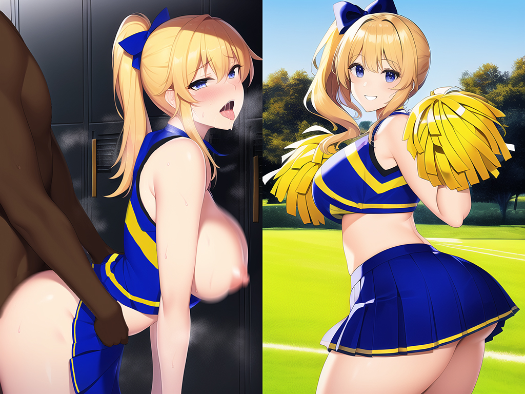 1boy, 1girls, ai generated, ai kei, blonde hair, breasts, cheerleader, cheerleader uniform, dark skin, dark-skinned male, female, interracial, large breasts, male, nai diffusion, original, original character, stable diffusion