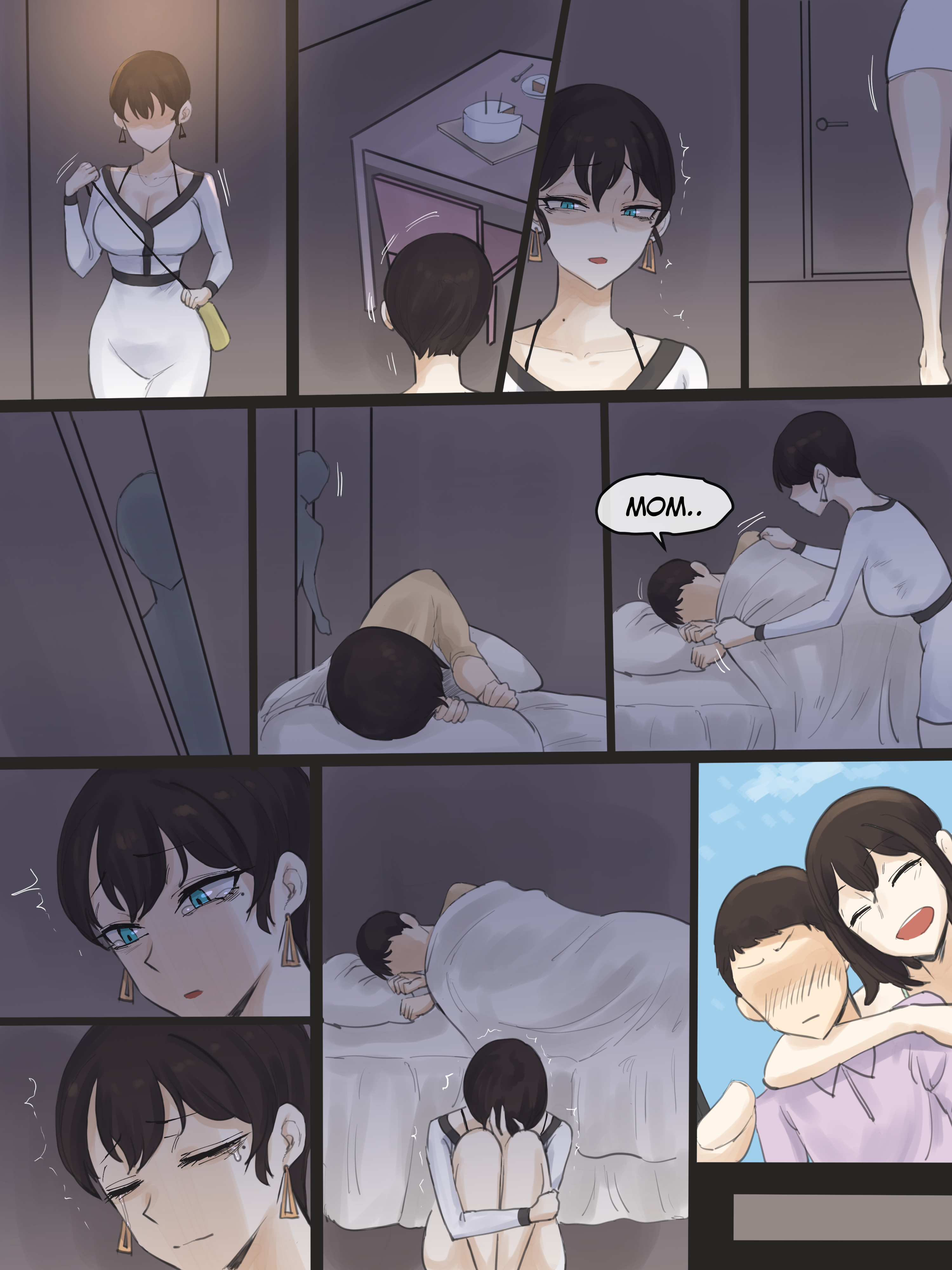 1boy, 1girls, cake, english text, female, hard translated, high resolution, laliberte, light skin, light-skinned female, light-skinned male, male, mature female, mother, mother and son, original, original character, son, translated, very high resolution
