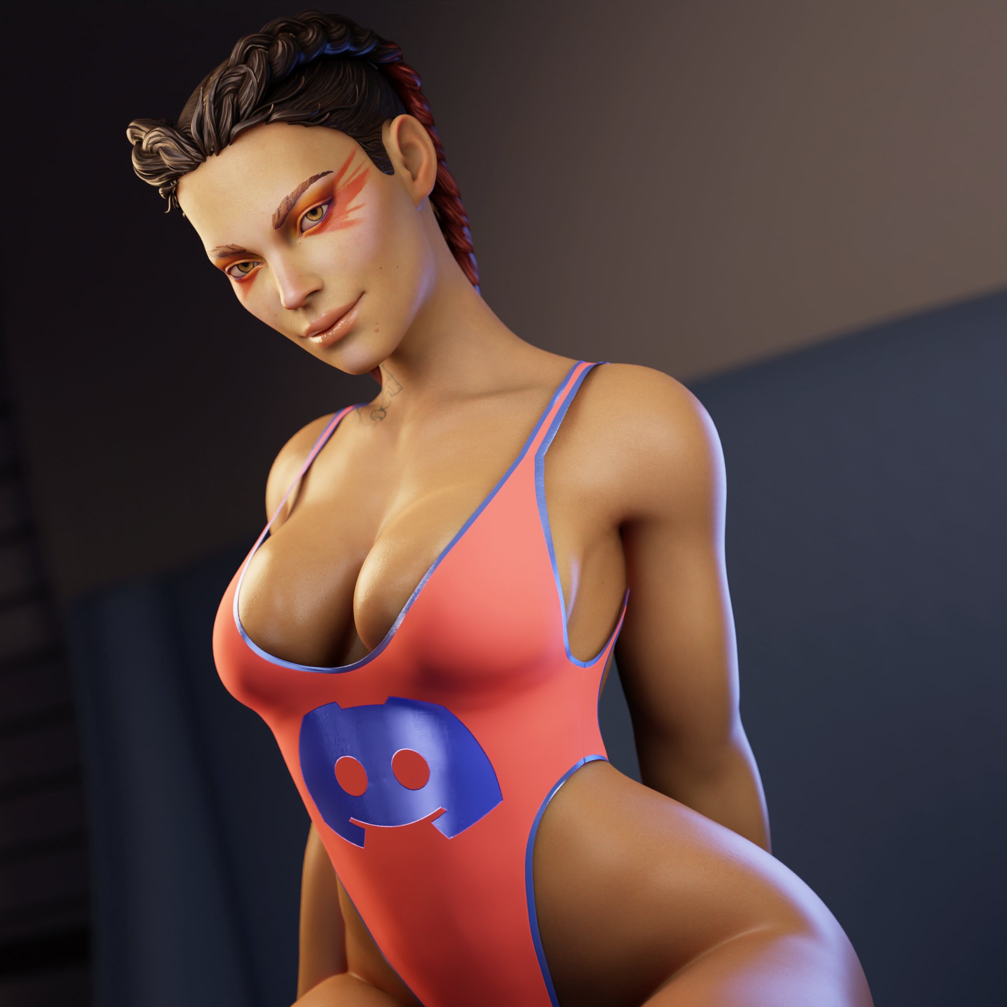 1girls, 3d, apex legends, big breasts, blender, breasts, cleavage, dark skin, dark-skinned female, discord, discord (app), female, female only, francis brown, large breasts, loba (apex legends), one-piece swimsuit, respawn entertainment, solo, swimsuit
