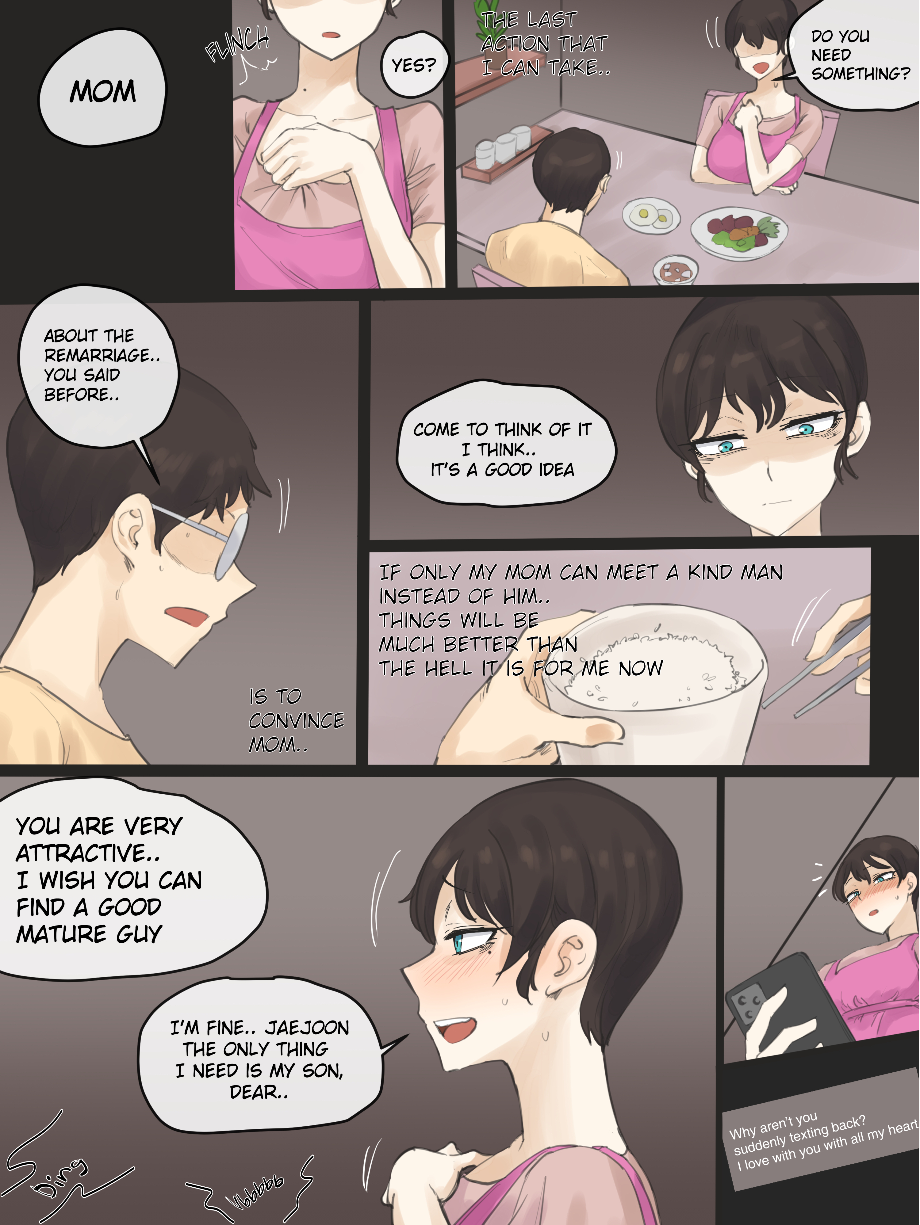 1boy, 1girls, dialogue, english text, female, food, hard translated, highres, indoors, laliberte, light skin, light-skinned female, light-skinned male, male, mature female, mother and son, original, original character, phone, rice, smartphone, translated