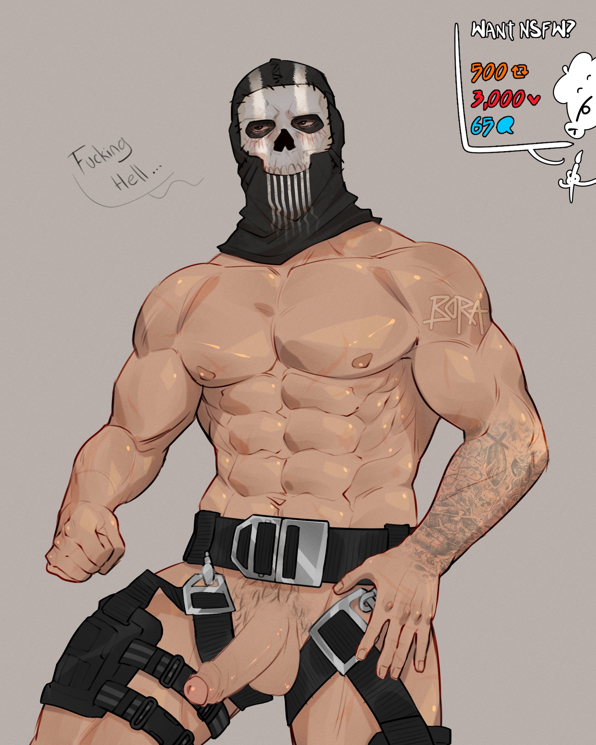 1boy, bara, baramonsters18, blush, blushing, call of duty, call of duty modern warfare 2 (2022), dialogue, ghost (modern warfare 2), harness, male, male only, mask, masked, masked male, muscular, muscular male, nude, nude male, penis, penis out, simon riley, smooth skin, solo male, tattoo, yaoi
