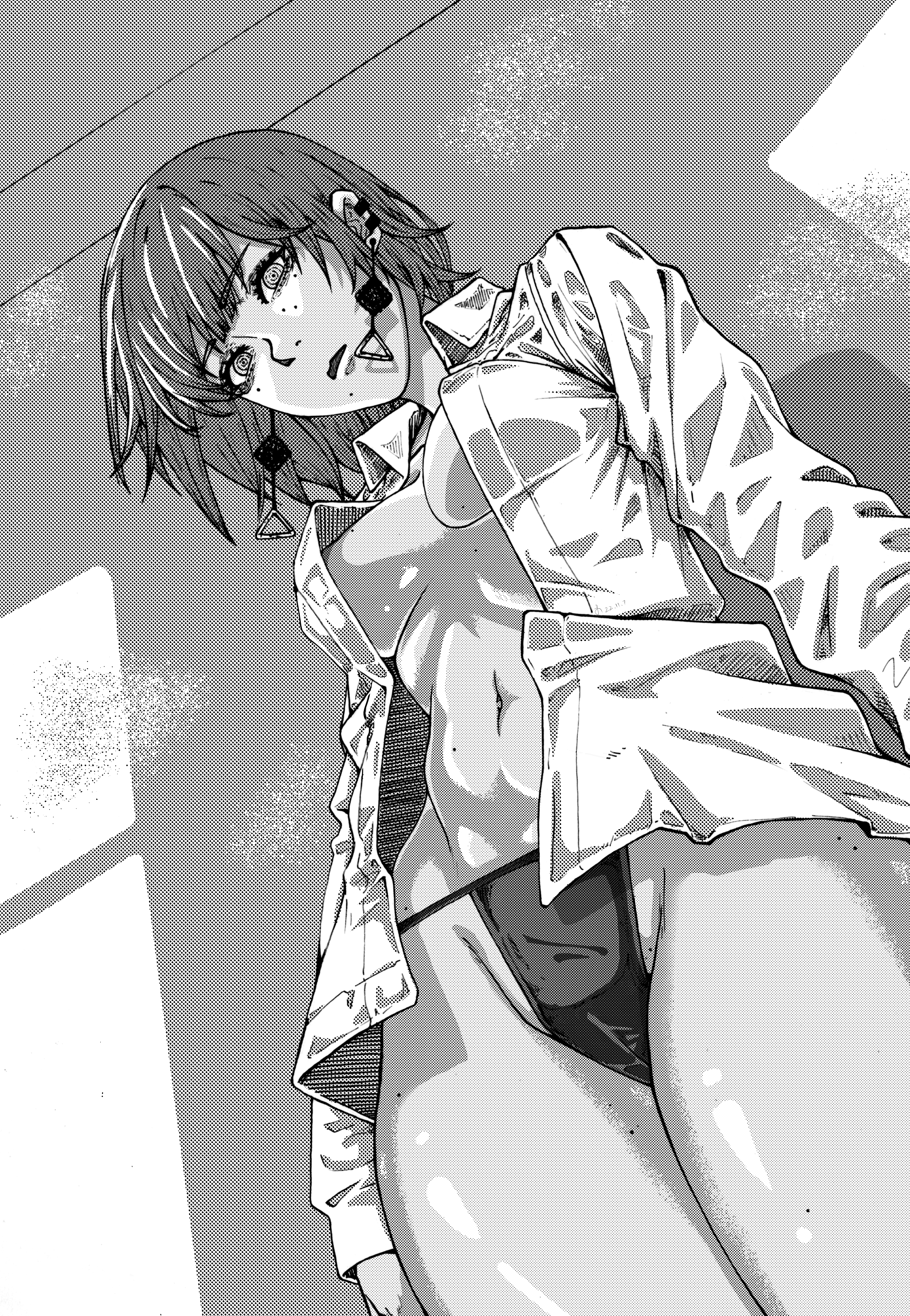 accessory, areolae, ass, braless, breasts, cameltoe, chainsaw man, clothed, curvy, curvy figure, death devil (chainsaw man), earrings, female, first normal porn of a character, fit, fit female, grey hair, highres, looking at viewer, looking down, manga style, medium breasts, medium hair, midriff, mole, monochrome, monochrome background, mu tou, nipple slip, open mouth, pupils, pussy, skimpy clothes, thick ass, thick thighs, tilted head, underwear, undressing, unusual anatomy, unusual eyes, white shirt