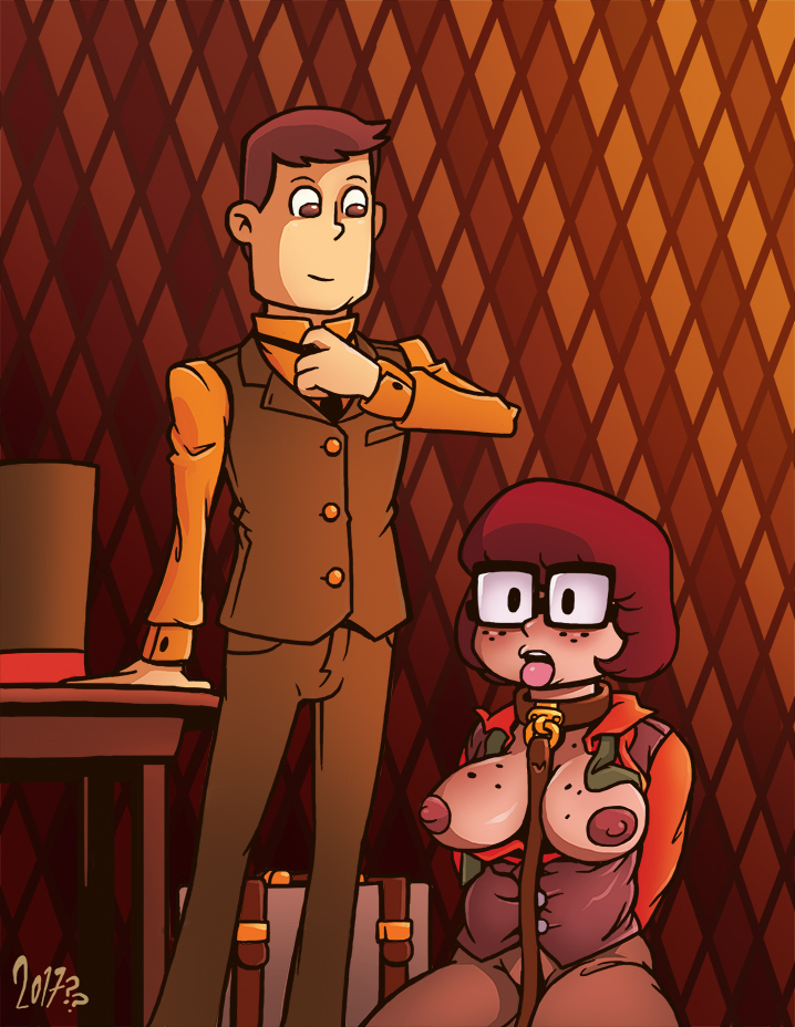 1boy 1girls 2017 adjusting_tie breasts breasts_out collar collar_and_leash crossover eastern_and_western_character female hershel_layton looking_down_at_partner lttp male nintendo professor_layton scooby-doo tongue_out unbuttoned_shirt velma_dinkley warner_brothers