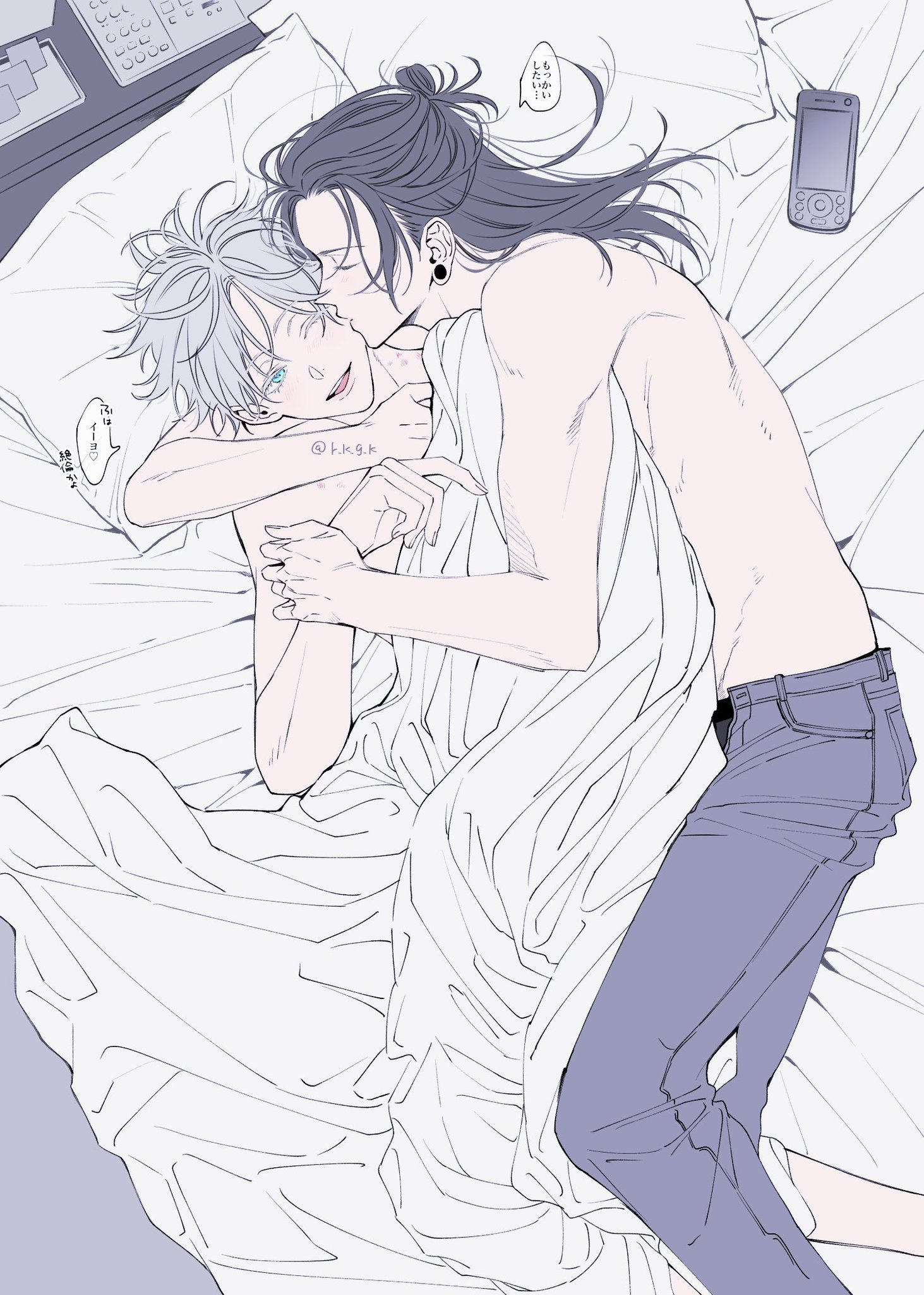 2boys, bed, bedsheet, bishonen, black hair, blanket, blue eyes, cuddling, cute, earring, from behind, gay, hugging, japanese text, jujutsu kaisen, kissing, long hair, male, male on male, non-nude, phone, pillow, safe, satoru gojo, suguru geto, twink, wholesome, yaoi