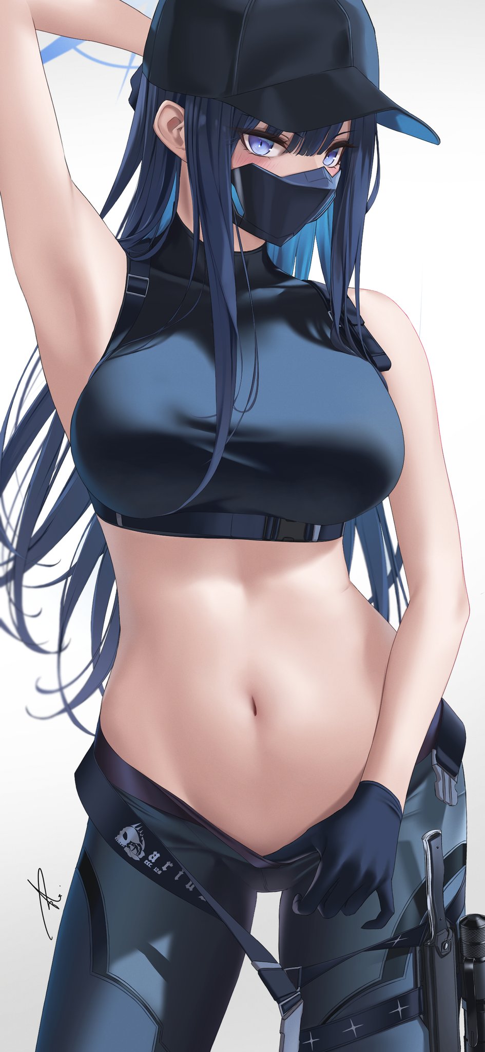 1girls arius_satellite_school_student arius_squad_(blue_archive) belly_button black_cap black_gloves blue_archive blue_eyes blue_hair blush cap dagger female female_only gloves hat inviting light-skinned_female light_skin looking_at_viewer mask midriff navel posing saori_(blue_archive) seductive solo teasing undressing yava0chan