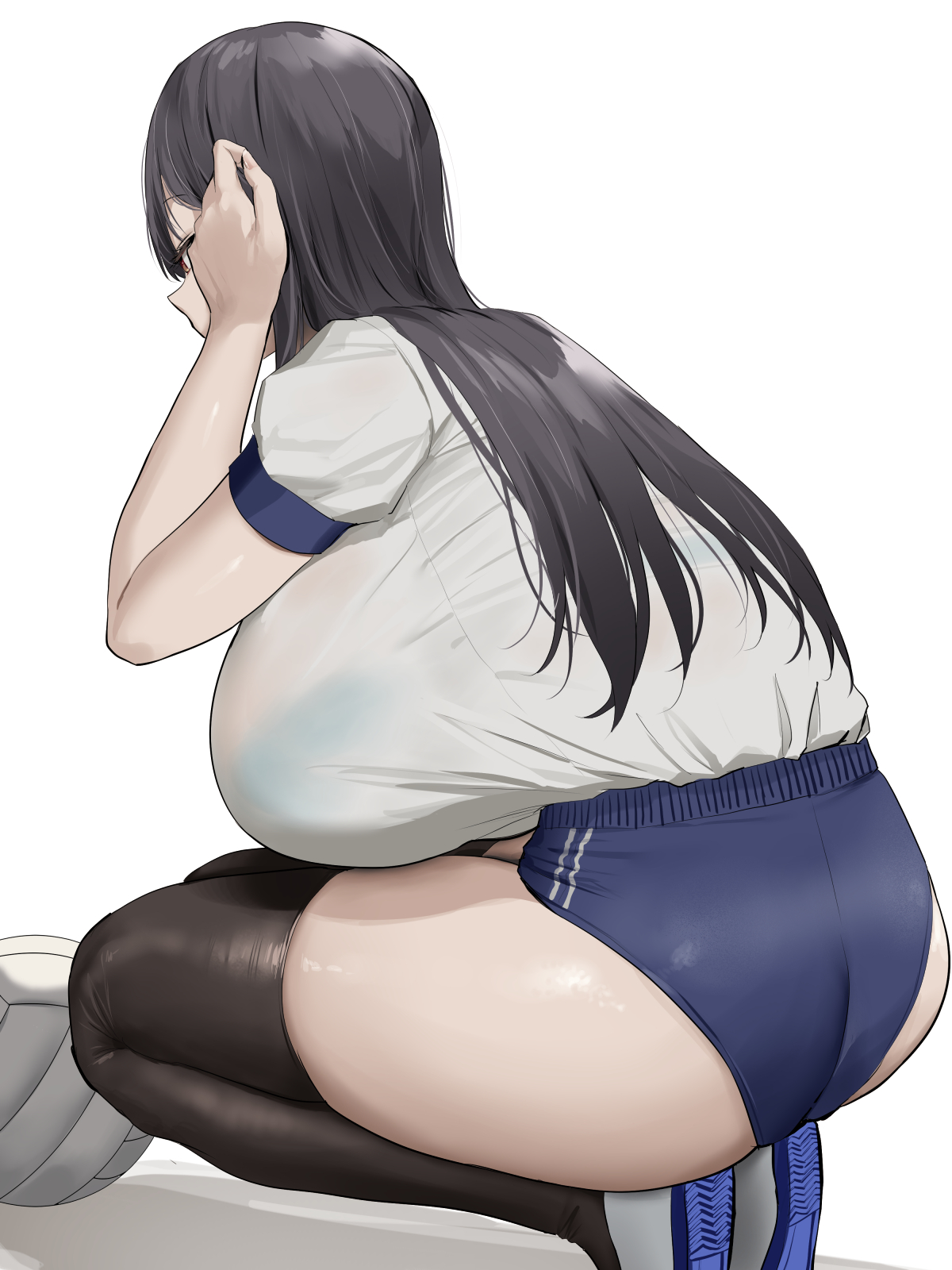 1girls, ass, back view, big ass, black hair, black legwear, bloomers, bra visible through clothes, breasts, breasts bigger than head, buruma, female, gym clothes, huge breasts, light skin, light-skinned female, long hair, massive breasts, oekakizuki, original, original character, simple background, sportswear, squatting, thick thighs, volleyball, white background