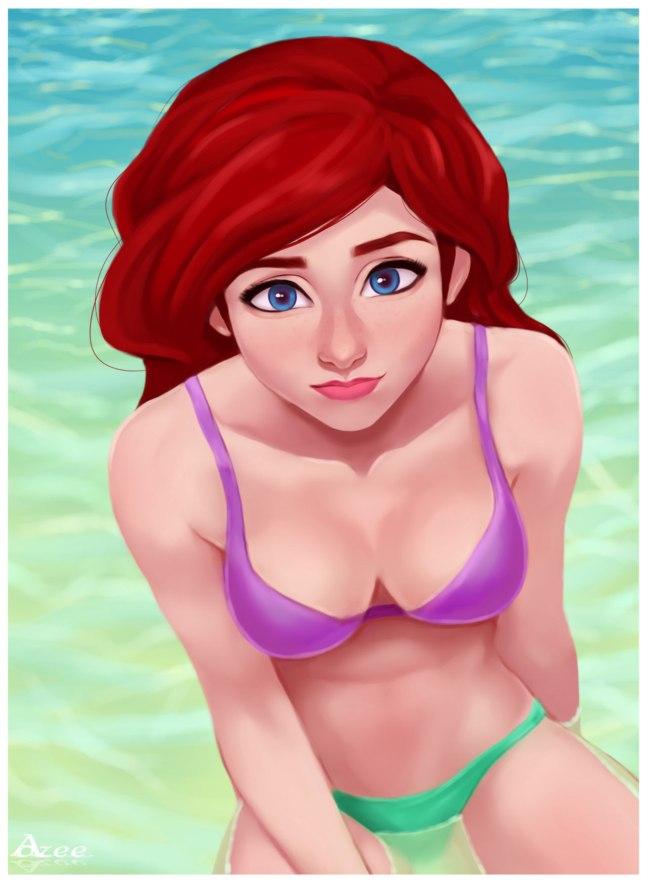 aozee ariel bikini bra breasts disney disney_princess green_panties in_water looking_at_viewer panties red_hair swimsuit swimwear the_little_mermaid water