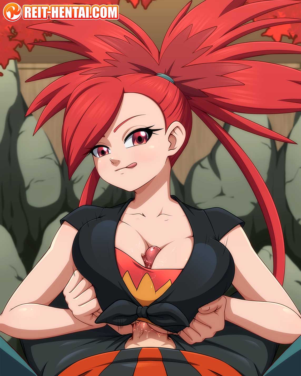 1boy 1girls background big_breasts boobjob breasts brendan_(pokemon) female flannery_(pokemon) flannery_(pokemon_oras) gym_leader looking_at_viewer paizuri paizuri_under_clothes partial_male pokemon pokemon_oras pokemon_trainer pov red_eyes red_hair reit tagme watermark