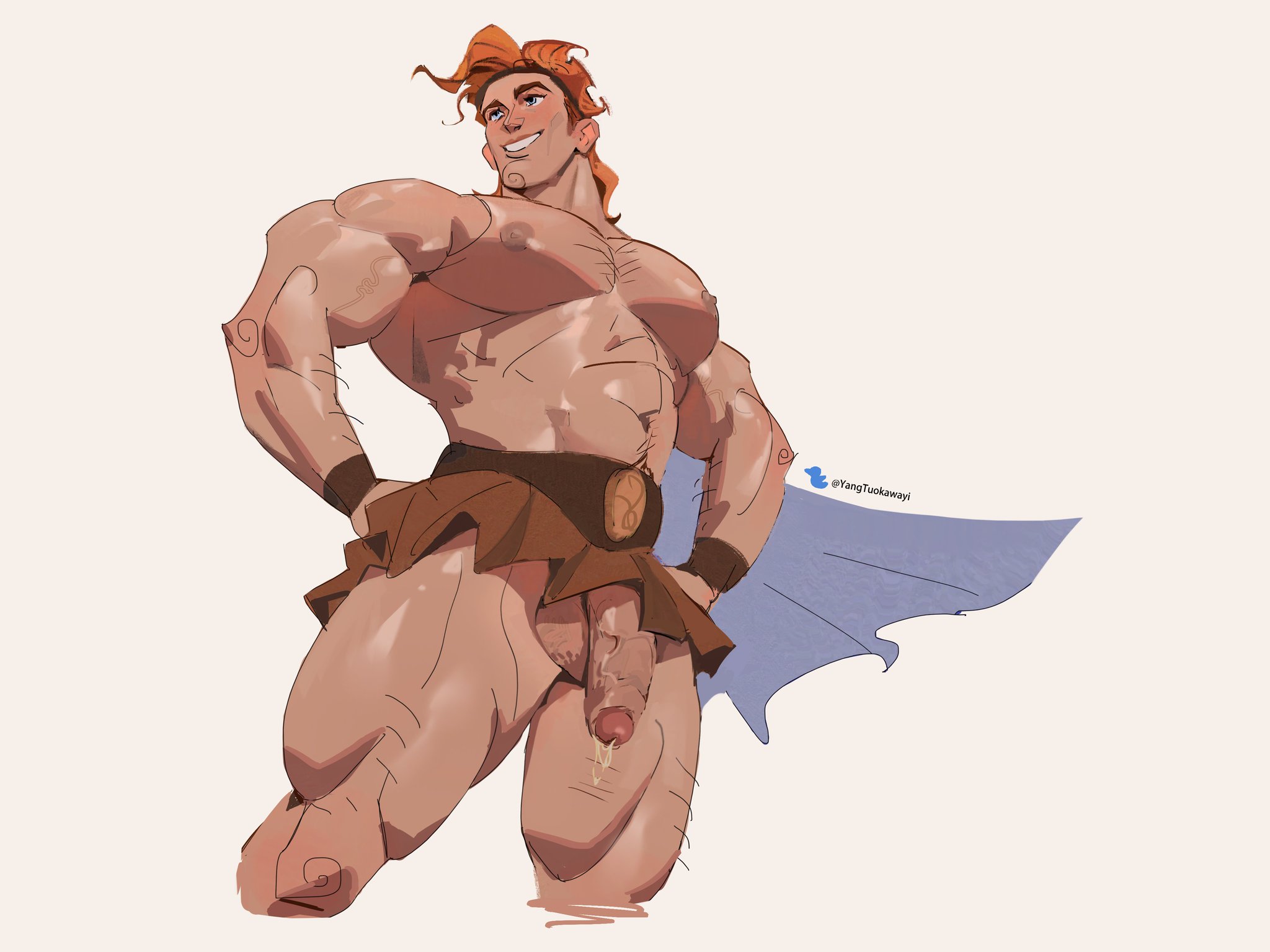 1boy, disney, flaccid, flaccid penis, foreskin, hercules (character), hercules (disney), male, male only, muscles, muscular, muscular male, pecs, penis, posing, precum, precum drip, shirtless male, thick thighs, uncircumcised, uncut, veiny penis, yangtuokawayi