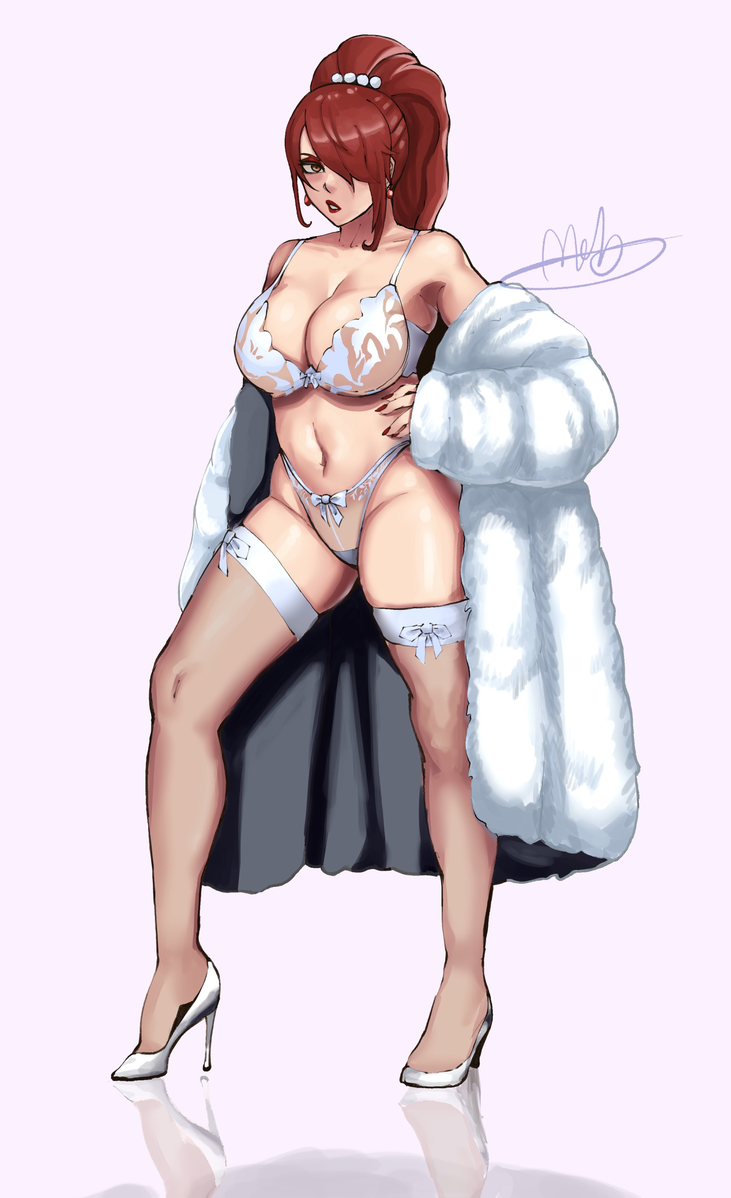 1girls, bra, eye contact, female, female only, fur coat, hair over one eye, high heels, legwear, lipstick, long hair, looking at viewer, megami tensei, mitsuru kirijo, mobi mobi, panties, persona, persona 3, ponytail, red hair, shin megami tensei, solo, standing, thick thighs, thighhighs, thighs