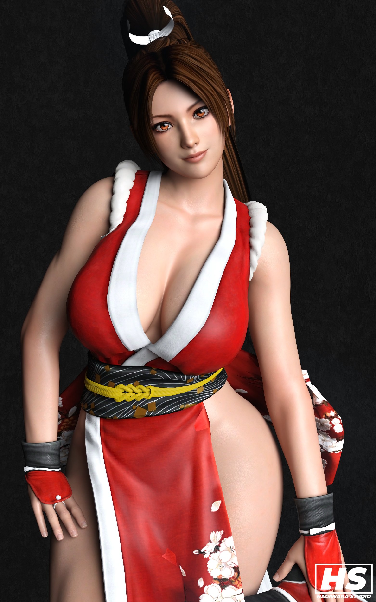 1girls, 3d, athletic, athletic female, big breasts, breasts, brown hair, cleavage, clothed, digital media (artwork), fatal fury, female, female only, hagiwara studio, king of fighters, kunoichi, large breasts, light skin, light-skinned female, long hair, mai shiranui, ponytails, revealing clothes, smile, smiling, snk, solo, solo female, solo focus, wristband