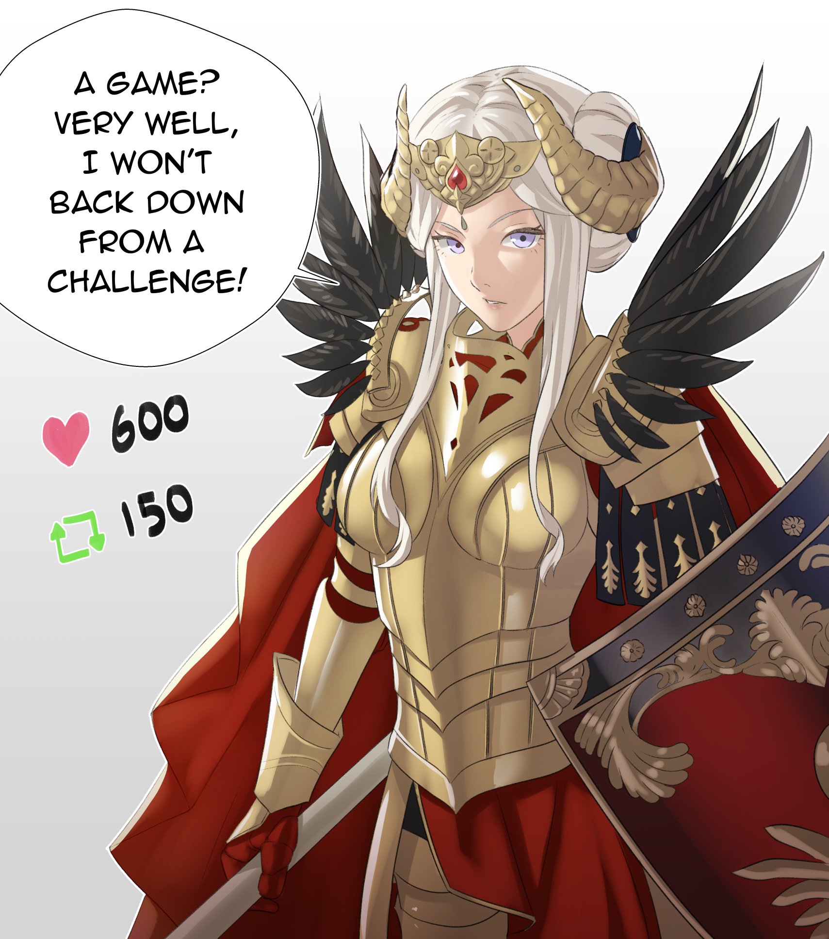 1girls, alternate version available, armor, axe, breasts, cape, closed mouth, double bun, edelgard von hresvelg, english text, female, female only, fire emblem, fire emblem heroes, fire emblem: three houses, full armor, gloves, hair bun, hair ornament, hair ribbon, highres, horns, long hair, long sleeves, looking at viewer, medium breasts, meme, nintendo, official alternate costume, pomelomelon, post-timeskip, purple eyes, red cape, ribbon, shield, simple background, solo, stripping, text, twitter strip game, undressing, white hair