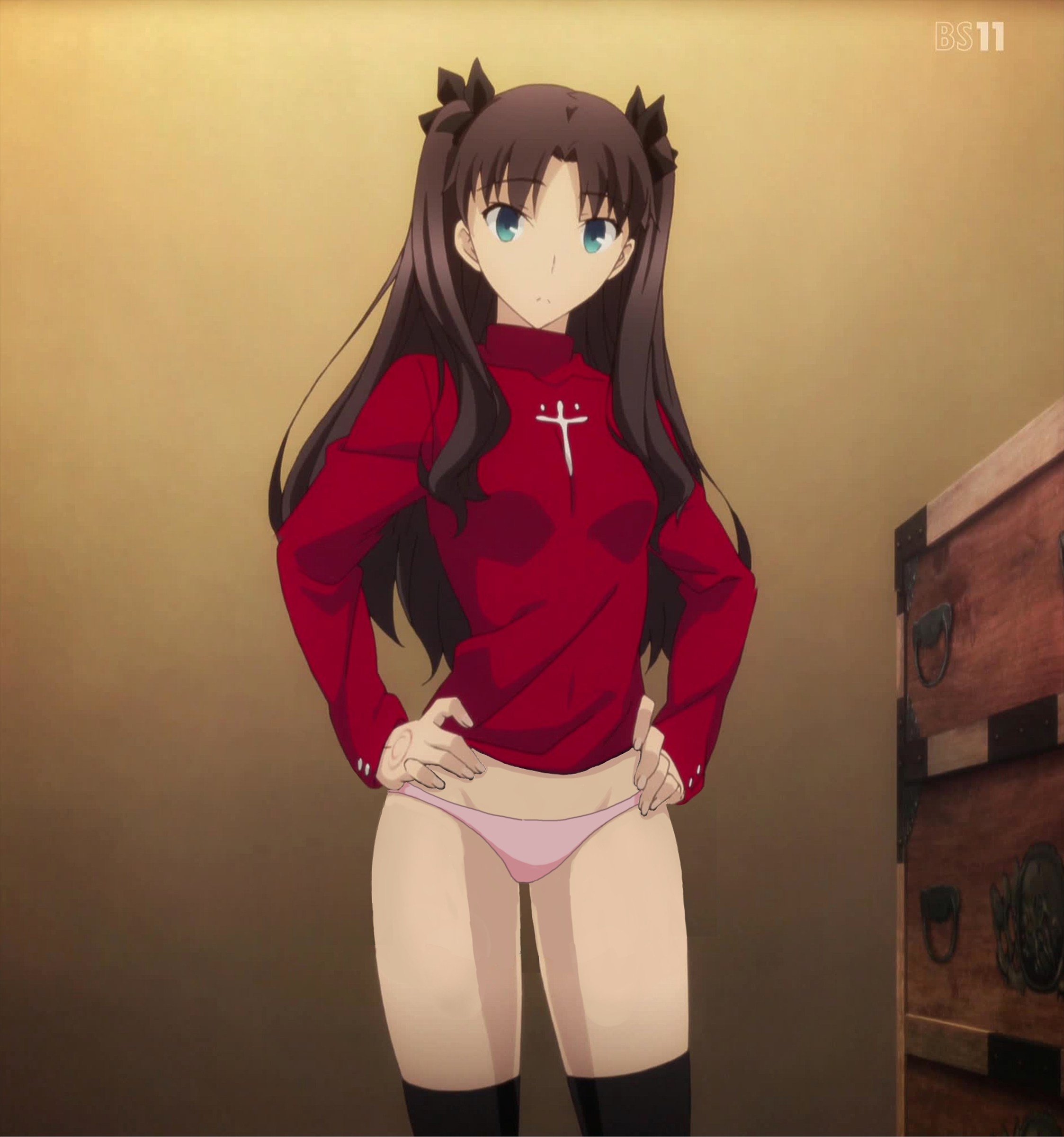 1girls, black legwear, black ribbon, black socks, black thighhighs, blue eyes, brown hair, clothing, fate (series), fate/stay night, female, female only, hands on hips, hips, human, inner thighs, legwear, long hair, panties, pink panties, red sweater, ribbon, socks, solo, sweater, thigh socks, thighhighs, tohsaka rin
