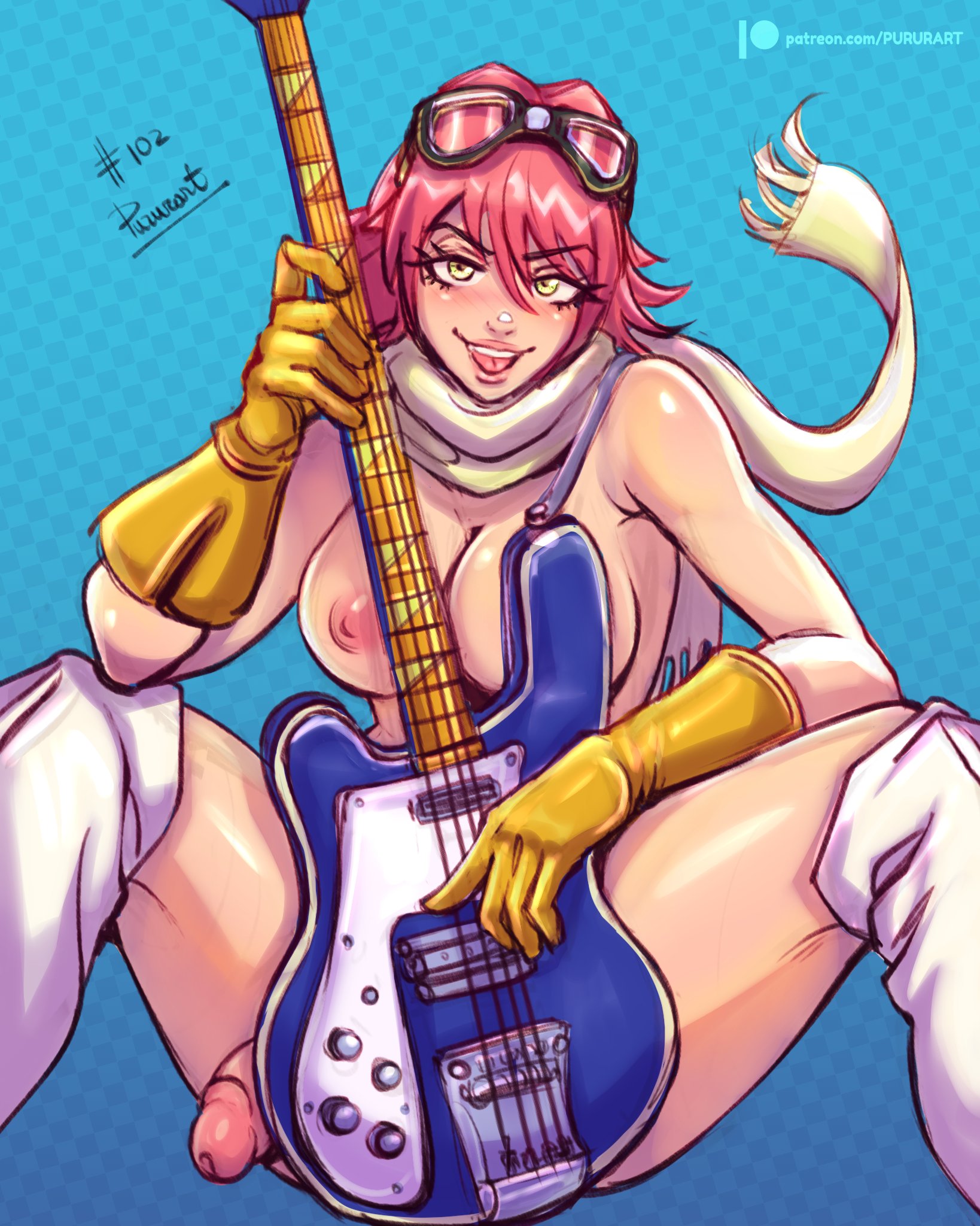 1futa, 2022, areolae, big breasts, big penis, breasts, flaccid, flcl, futa only, futanari, gloves, guitar, haruko haruhara, human, intersex, light skin, light-skinned futa, looking at viewer, nipples, nude, penis, pink hair, pururart, scarf, short hair, sitting, solo, spread legs