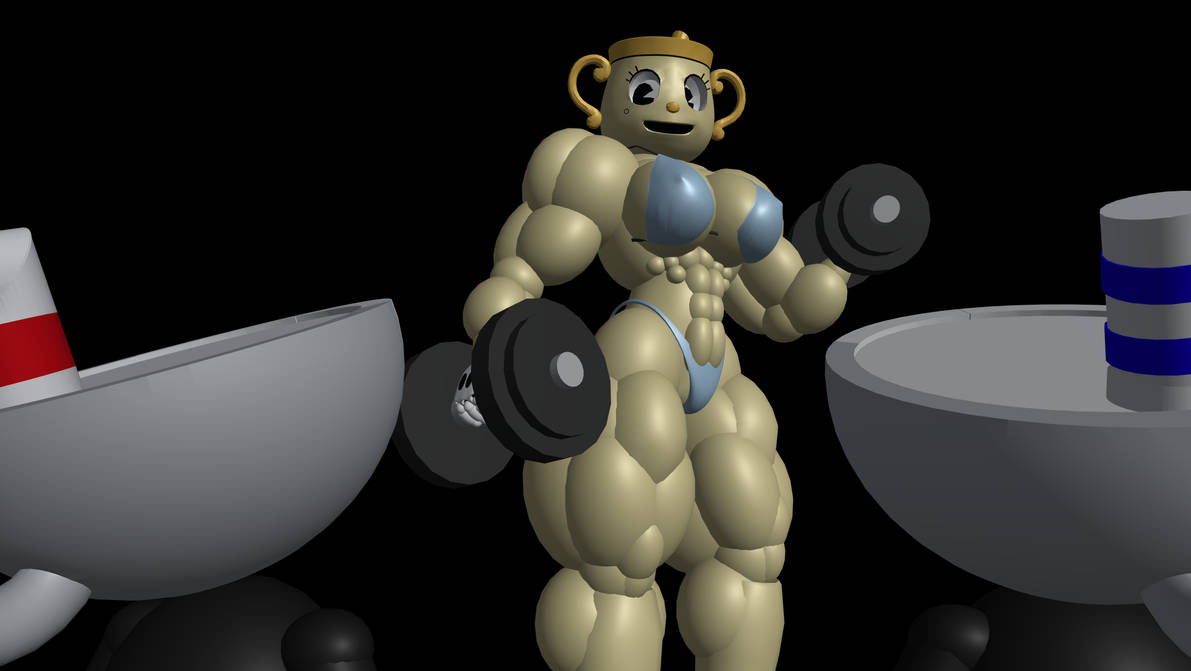 2boys 3d_(artwork) abs big_breasts big_muscles bikini black_eyes cuphead cuphead:_the_delicious_last_course cuphead_(game) erect_nipples gloves huge_breasts huge_muscles lifting_weights ms._chalice mugman muscle muscles muscular muscular_female muscular_legs sfm studio_mdhr weights