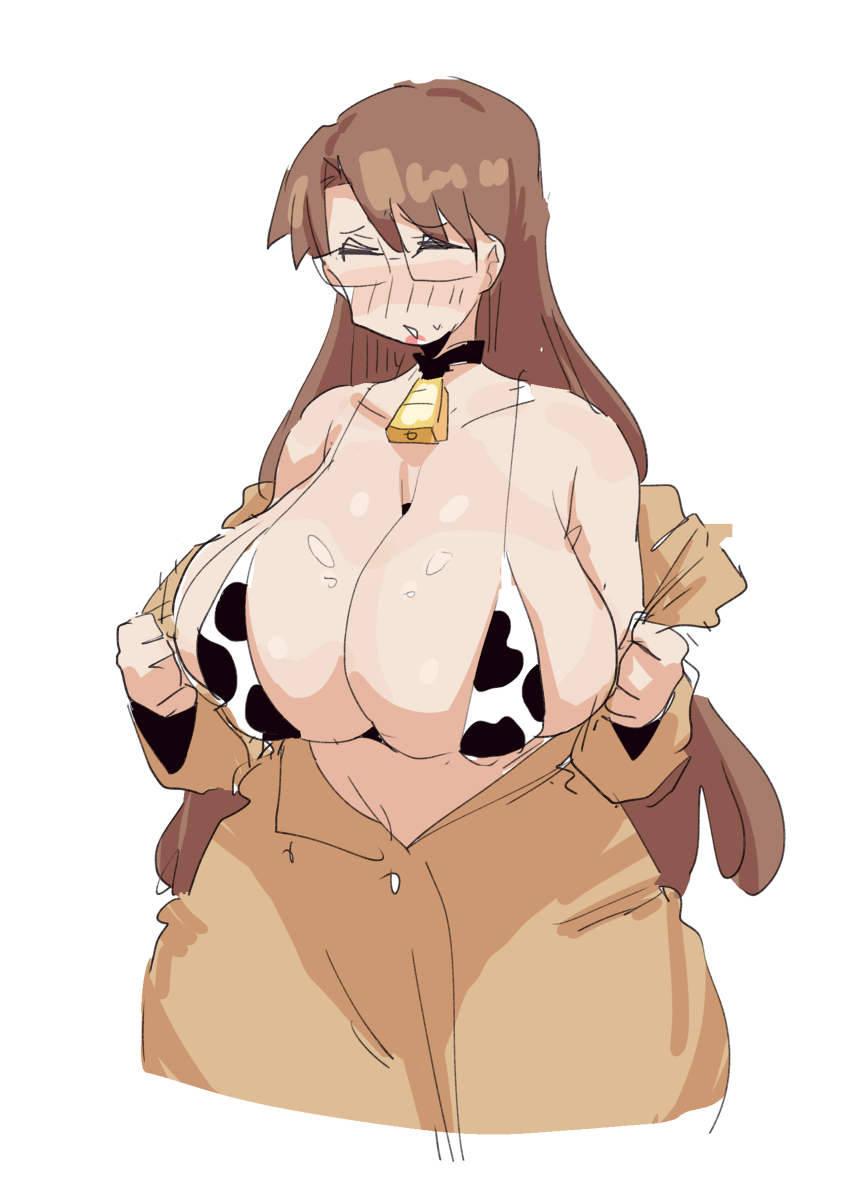 1girls, animal print, azumanga daiou, bell collar, bikini, blush, brown hair, closed eyes, cow bikini, cow print, cow print bikini, cowbell, female, female focus, glasses, jacket, koyomi mizuhara, leebongchun, light skin, light-skinned female, long hair, open clothes, solo, solo female, solo focus, teenager, white background