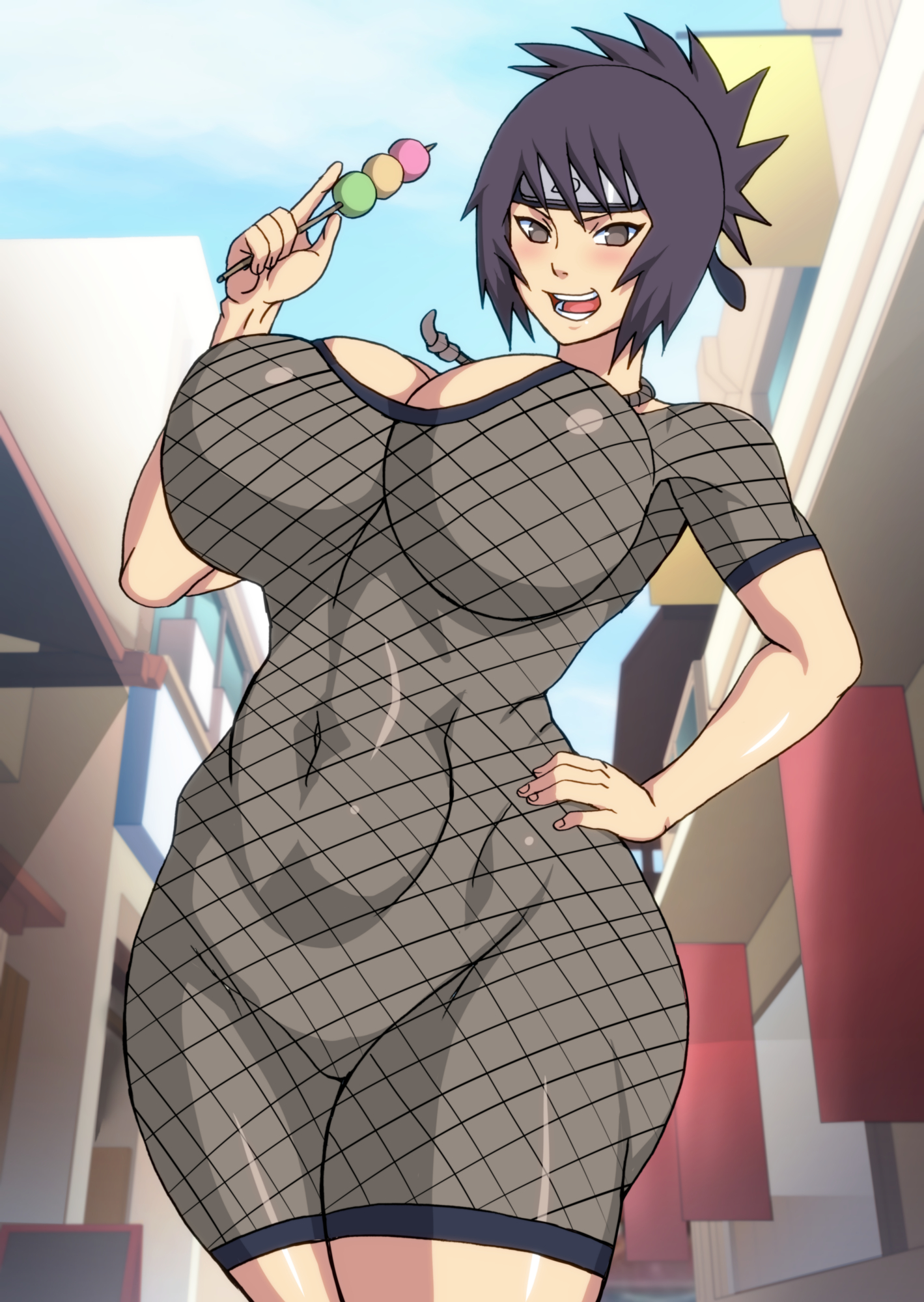 1girls, big breasts, bodysuit, breasts, brown eyes, cleavage, covered navel, curvaceous, dango, female, female focus, female only, fishnet bodysuit, fishnets, food, headband, holding, holding dango, holding food, holding object, huge breasts, kunoichi, large breasts, legs together, mesh, mitarashi anko, naruho, naruto, naruto (classic), naruto (series), naruto shippuden, navel, necklace, ninja, open mouth, pendant, pinup, ponytail, purple hair, revealing clothes, skin tight, smile, solo female, solo focus, tied hair, underboob, voluptuous, wide hips