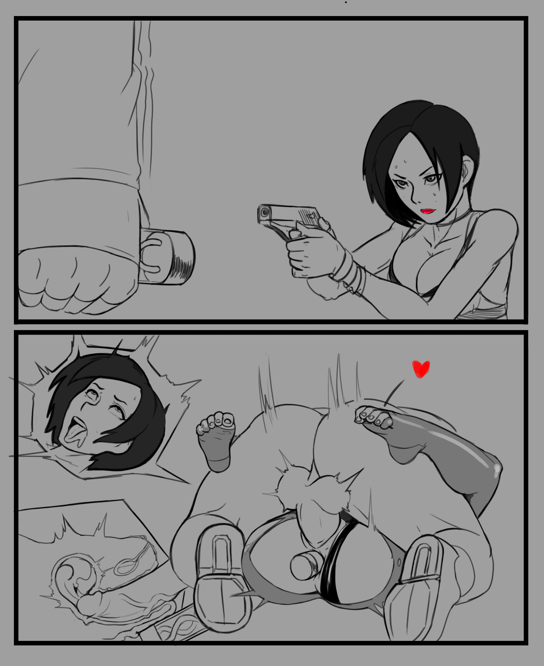 1boy, ada wong, ada wong (adriana), ahe gao, anythinggoes, balls, capcom, comic strip, female, instant loss 2koma, male, mating press, object insertion, penis, resident evil, size difference, sketch, tagme