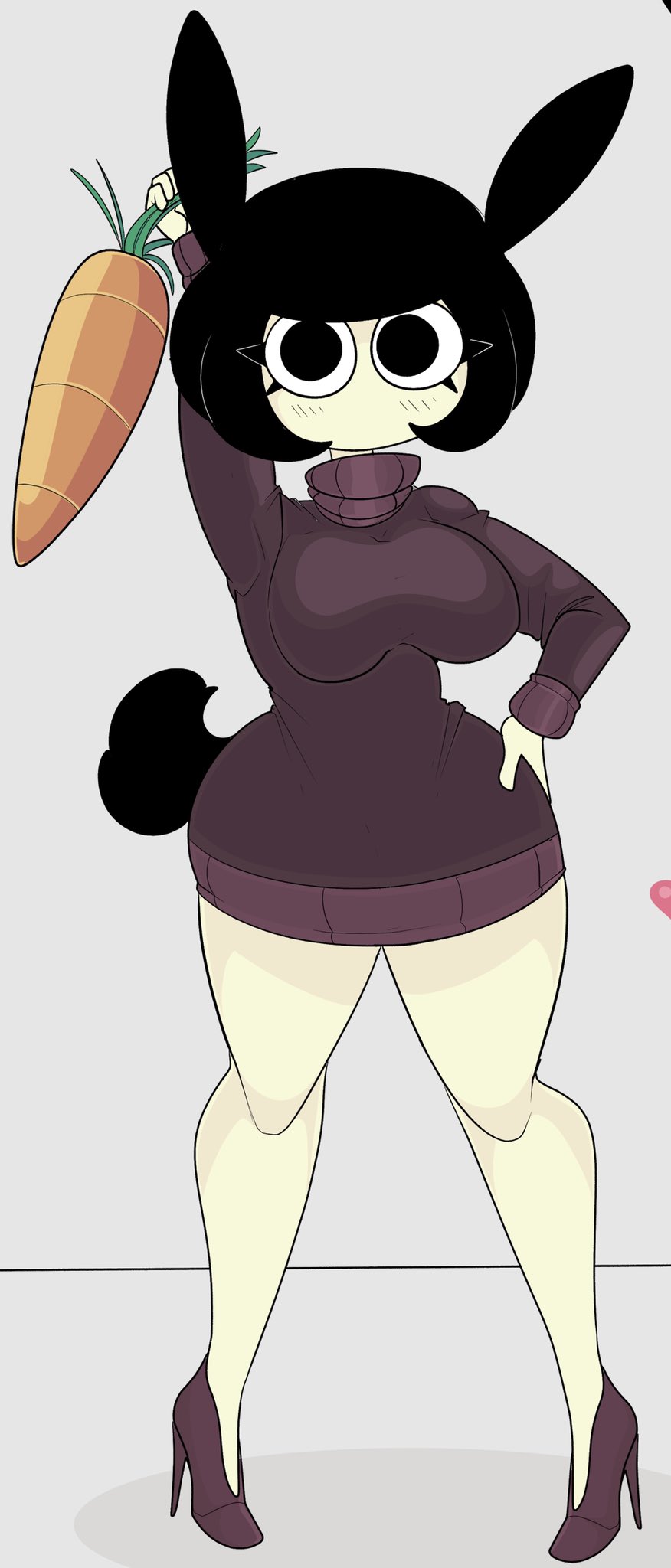 big_breasts big_hips big_thighs black_hair breasts carrot curves curvy curvy_body curvy_female curvy_figure curvy_hips curvy_thighs female high_heels holding holding_object hourglass_figure large_hips quirky stupid sweater thick_hips thick_legs thick_thighs thin_waist turtleneck turtleneck_sweater vegetable wide_hips wide_thighs