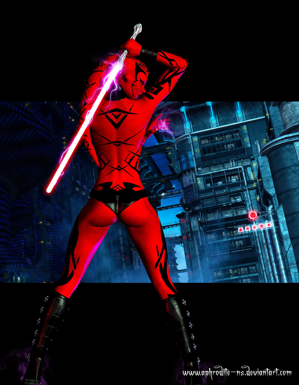 alien aphrodite-ns ass back_view darth_talon lightsaber red_skin sith star_wars tagme tattoo topless twi'lek weapon