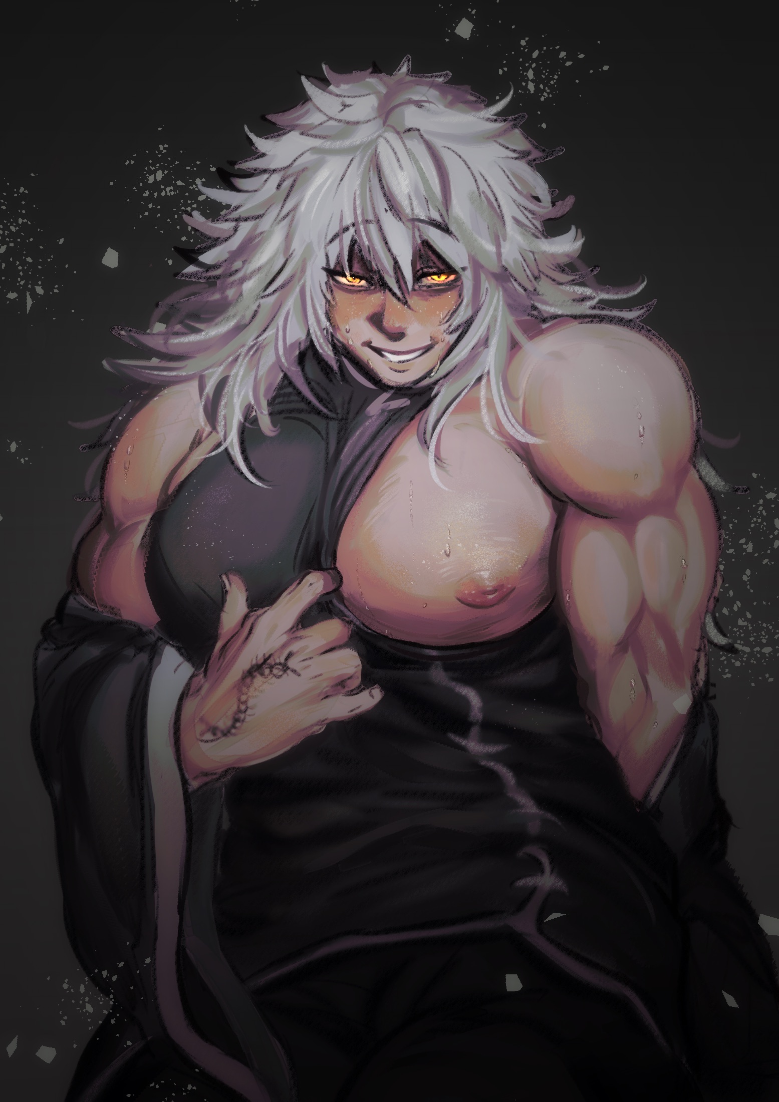 ambush (trap), big pecs, bluecheese801, chinese clothes, detached sleeves, flashing, glowing eyes, inverted nipples, kengan (series), kengan ashura, kengan omega, long hair, long-haired male, looking at viewer, male, male only, messy hair, muscular, muscular male, pecs, smile, solo, sweat, tattoo, teasing, white hair, xia ji, yellow eyes