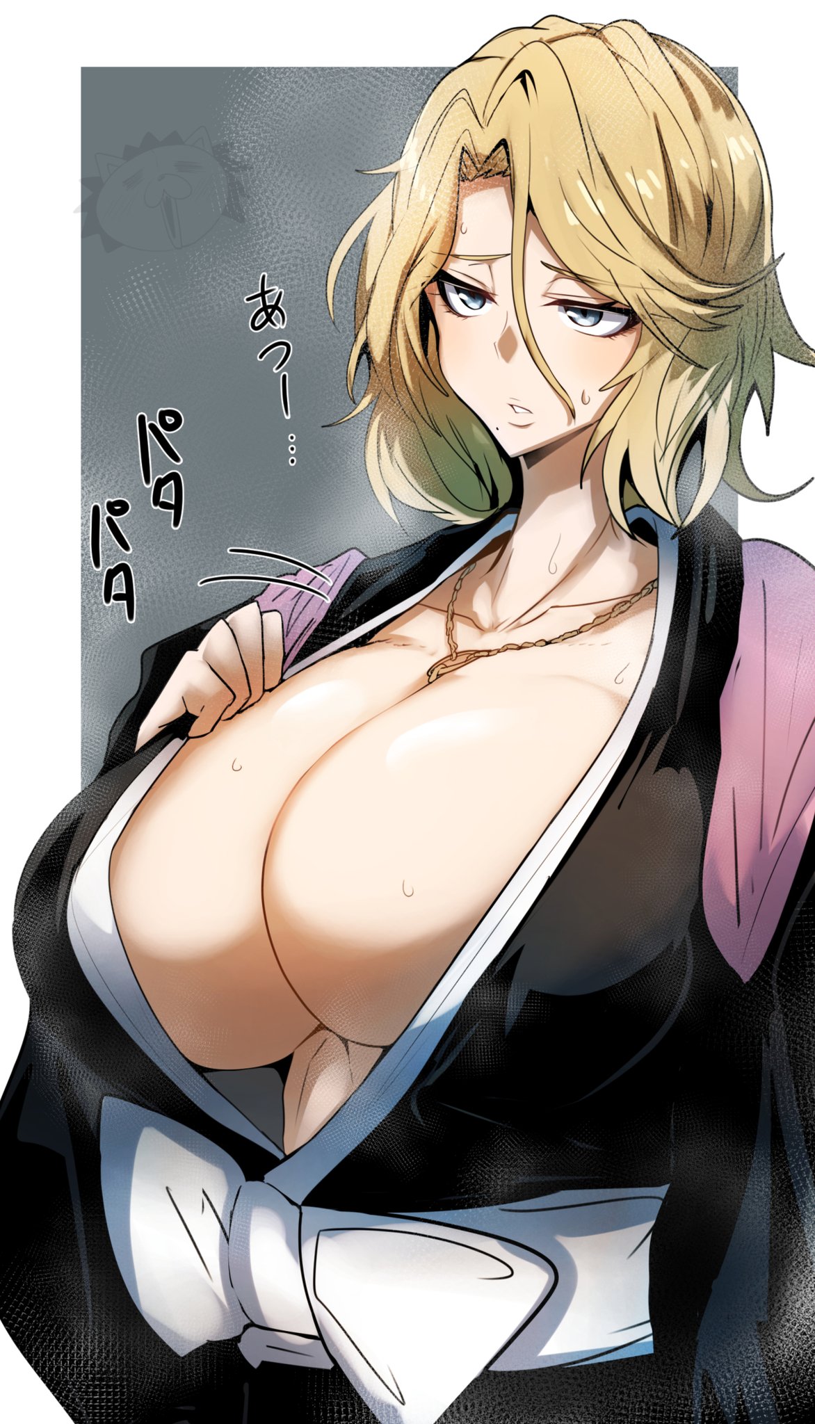 1girls alternate_hairstyle being_watched big_breasts black_kimono bleach bleach:_the_thousand-year_blood_war blonde_hair blue_eyes breasts busty cleavage collarbone female female_focus female_only gin_moku hair_between_eyes highres huge_breasts japanese_clothes jewelry kimono kon lips matsumoto_rangiku mole mole_under_mouth necklace no_bra open_clothes open_kimono oppai pervert scarf short_hair solo sweatdrop voluptuous watching