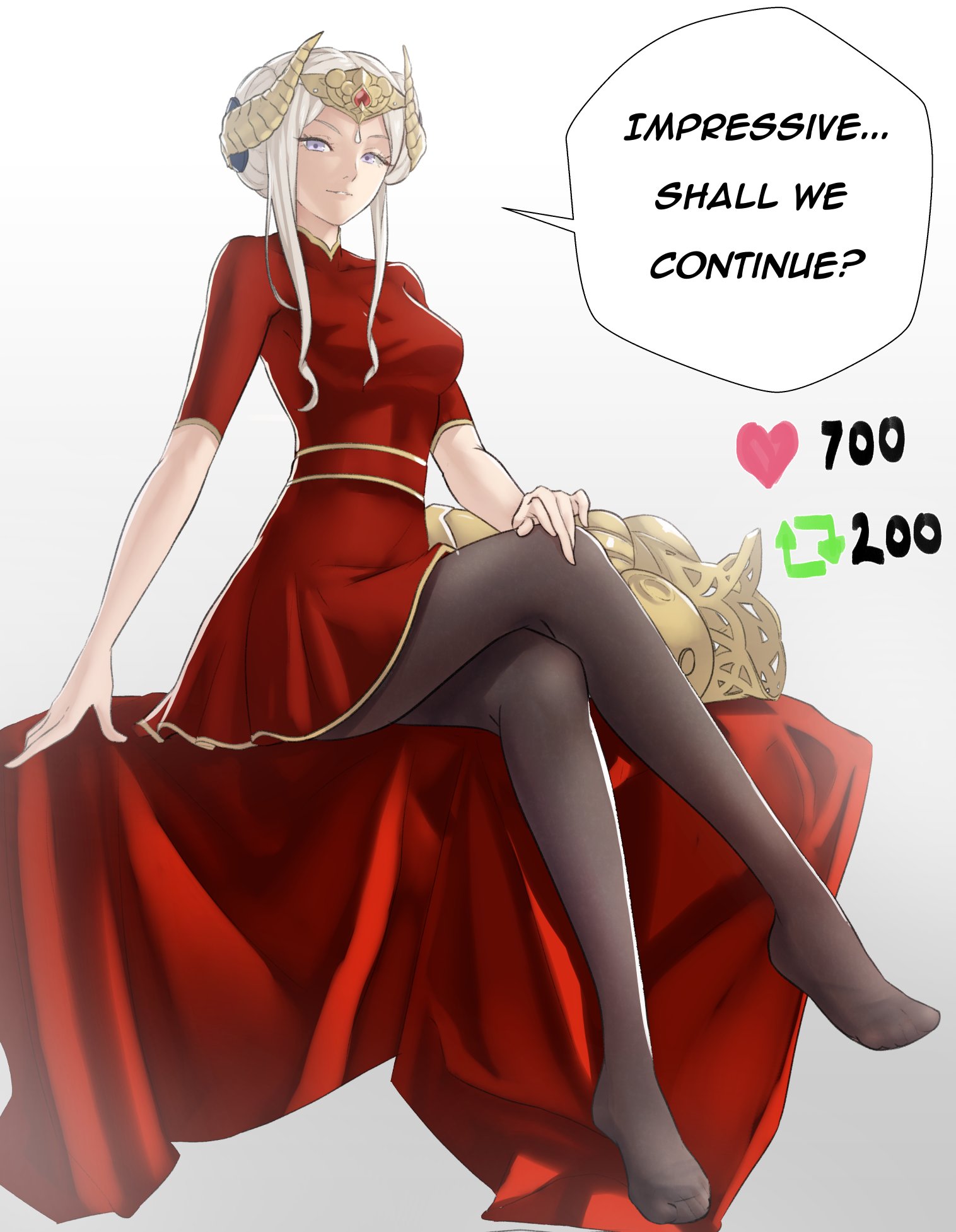 1girls, alternate costume, armor, armor removed, bare arms, black pantyhose, breasts, crossed legs, crown, dress, edelgard von hresvelg, english text, female, female only, fire emblem, fire emblem heroes, fire emblem: three houses, grin, highres, legs, long hair, looking at viewer, medium breasts, meme, nintendo, official alternate costume, pantyhose, pomelomelon, post-timeskip, purple eyes, red dress, short sleeves, sitting, smile, solo, stripping, text, twitter strip game, undressing, white hair