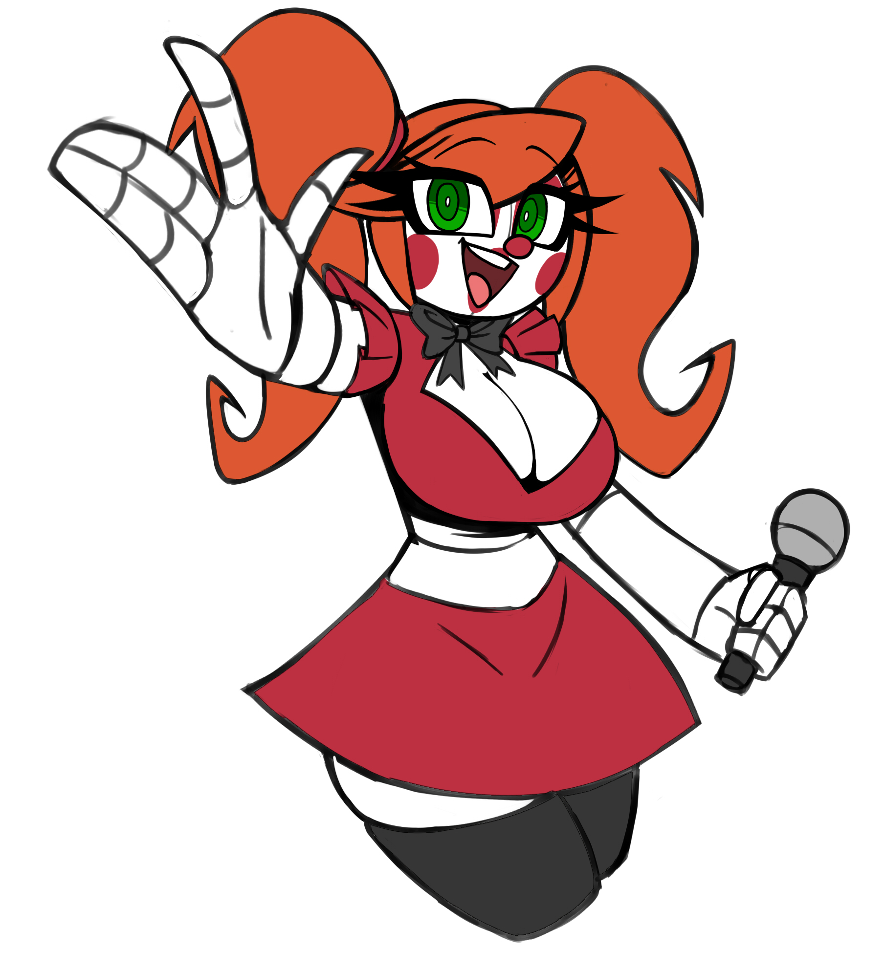 1girls, 2d, 2d (artwork), absurd res, accessory, animatronic, baby (fnafsl), big breasts, blush stickers, boob window, breasts, circus baby, circus baby (fnaf), cleavage, clown, clown girl, eyebrows visible through hair, eyelashes, female, female only, five nights at freddy's, green eyes, holding object, humanoid, legwear, looking at viewer, microphone, nelljoestar, open mouth, red clothing, red hair, red nose, ribbon, robot girl, robot joints, rosy cheeks, scottgames, simple background, skirt, slim, slim waist, smile, smiling, solo, teeth, thick thighs, thighhighs, tongue, twintails, waving, white background, white body, white skin