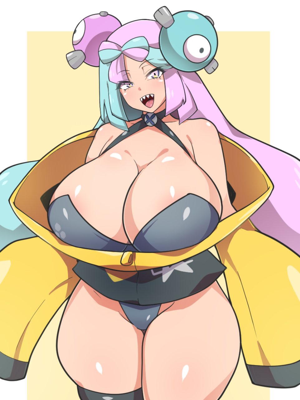 1girls, alternate breast size, blue hair, breasts, dd (artist), female, gym leader, hair ornament, huge breasts, iono (pokemon), light skin, light-skinned female, long hair, long sleeves, nintendo, pink hair, pointy teeth, pokemon, pokemon sv, smile, thick thighs, wide hips