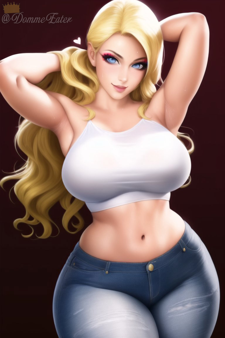 1girls ai_generated armpits arms_behind_head arms_up artist_self-insert belly big_breasts big_thighs blonde_hair blue_eyes breasts busty clothed clothed_female clothes clothing curvaceous curvy curvy_body curvy_female curvy_figure eyeliner eyeshadow female female_focus female_only hips huge_breasts jeans large_breasts large_thighs legs light-skinned_female light_skin long_hair looking_at_viewer makeup midriff nai_diffusion navel queen_dee queen_dee_(character) smile smiling smiling_at_viewer solo solo_female solo_focus stable_diffusion stomach sweat sweaty thick thick_thighs thighs voluptuous wide_hips