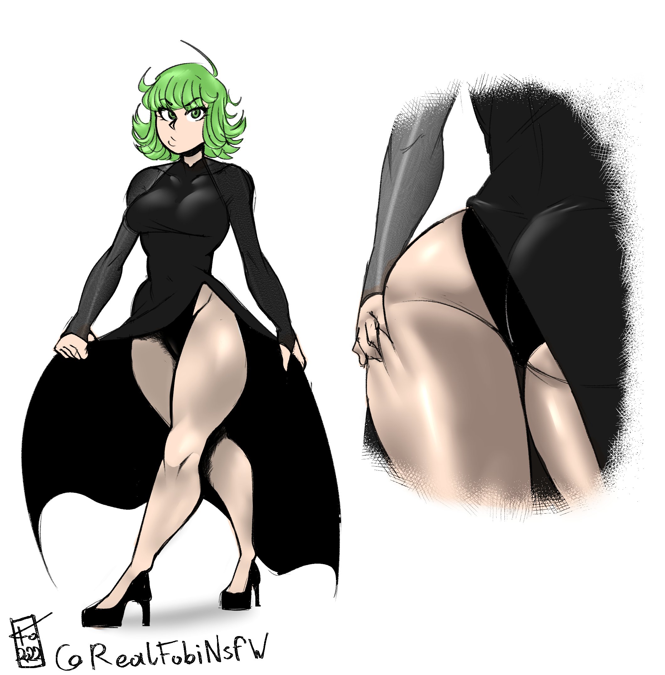 1girls, ass, dress, dress lift, female, female only, fobi, green eyes, green hair, high heels, hips, legs, one-punch man, panties, sleeves, solo, solo female, tatsumaki