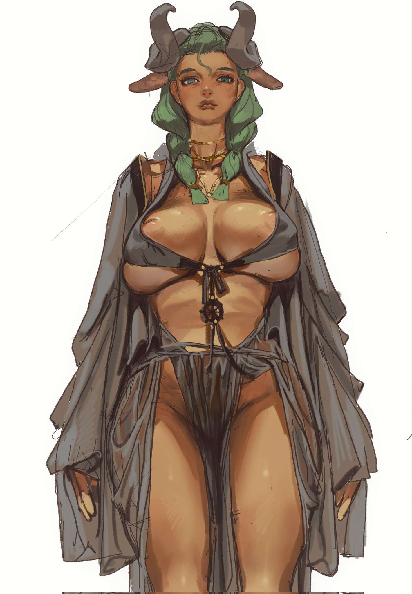 1girls, 2d, areolae, breasts, cleavage, female, female only, green hair, large breasts, mossa, sketch, solo, solo female, standing