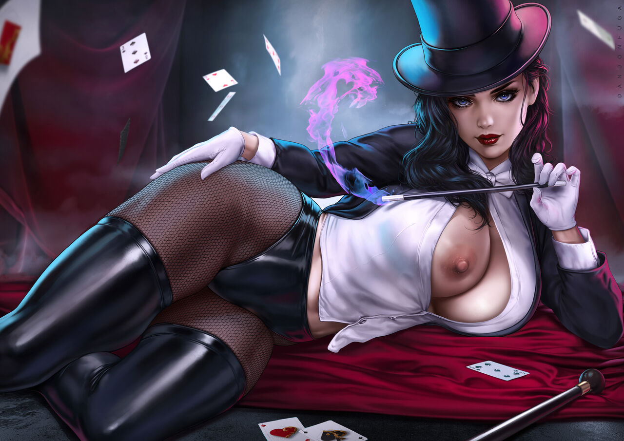 1girls, 2022, black boots, black hair, black panties, breasts, breasts out, clothed female, clothes, curvy figure, dandon fuga, dc, dc comics, erotic costume, exposed breasts, female, highres, justice league, latex boots, latex panties, long hair, looking at viewer, magic user, magical girl, voluptuous, voluptuous female, zatanna, zatanna zatara