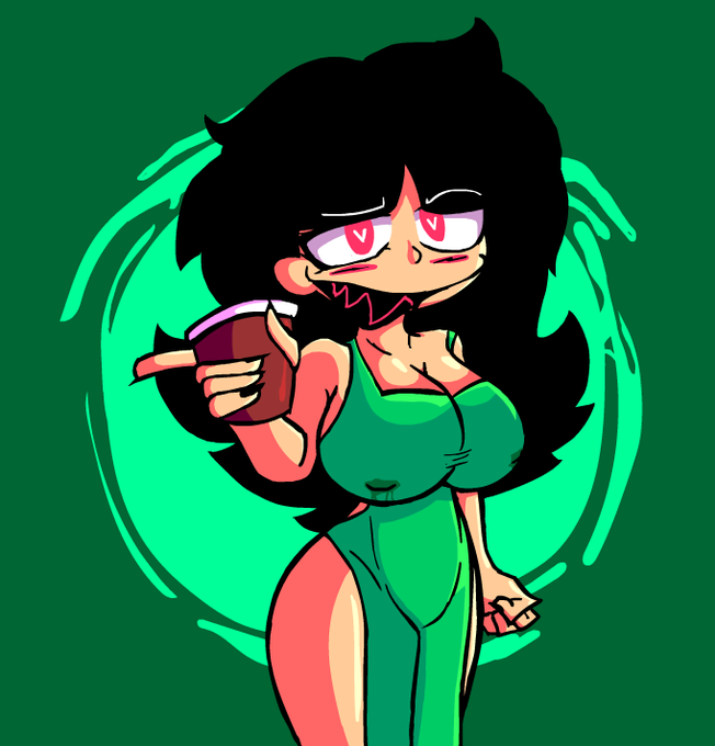 bettysantana, breasts, female, green apron, heart-shaped pupils, holding cup, iced latte with breast milk, lactation, lactation through clothes, meme, needlemouse (series), sarah henderson (needlemouse)