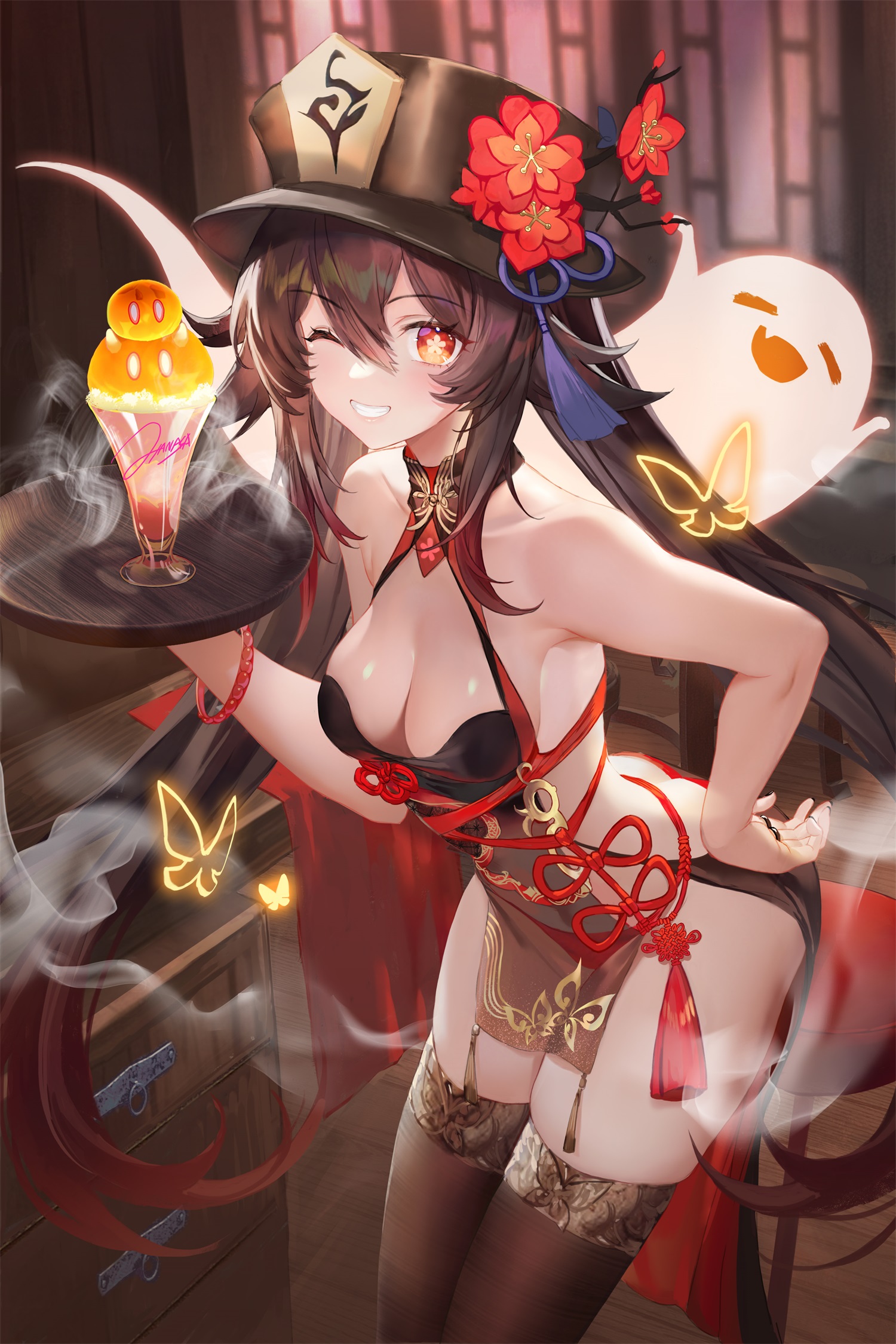 1girls, apron, ass, ass cleavage, ass crack, bare shoulders, breasts, brown hair, butt crack, cleavage, drink, female, genshin impact, ghost, hand on hip, hat, hu tao (genshin impact), looking at viewer, medium breasts, naked apron, one eye closed, red eyes, revealing clothes, serving tray, slime (genshin impact), smile, smiling, thighhighs, twintails, waitress, winking at viewer