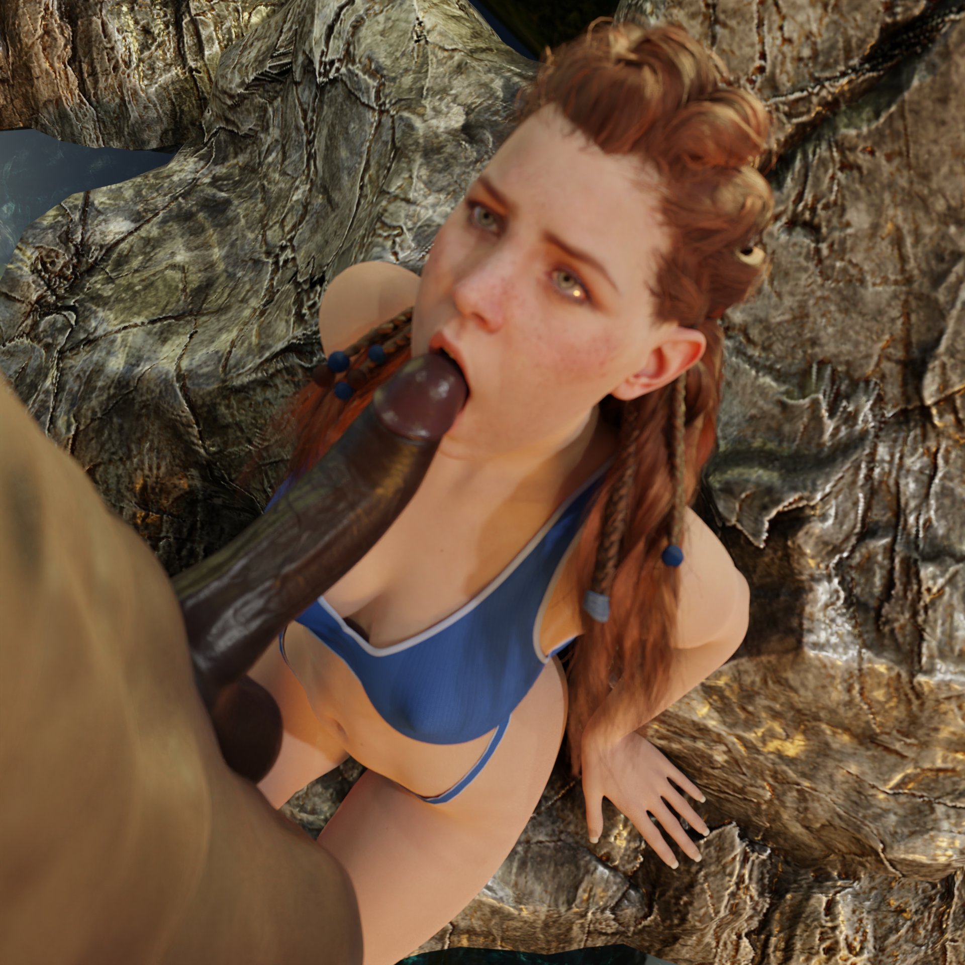 1boy, 1girls, 3d, aloy, before sex, blowjob, bra, clothed female nude male, dark skin, dark-skinned male, erect penis, erection, female, green eyes, horizon zero dawn, huge cock, interracial, kneeling, kneeling oral position, light skin, light-skinned female, long hair, looking at another, looking at partner, male, open mouth, orange hair, penis, penis out, red hair, stoneddude, thong, vein, veins, veiny, veiny penis