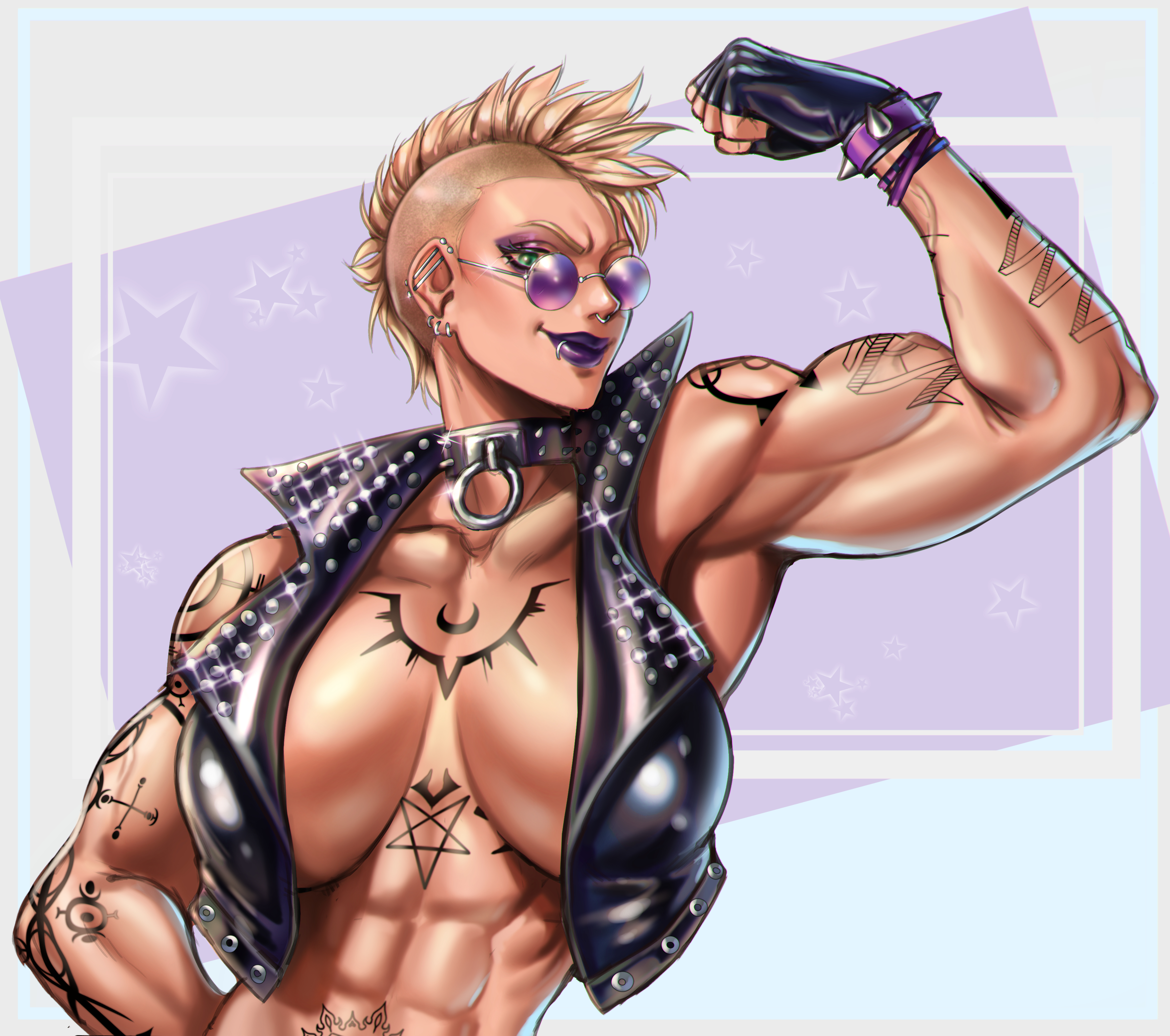 1girls, abs, blonde hair, breasts, cleavage, collar, commission, cropped jacket, female, flexing, flexing bicep, jacket, large breasts, leather jacket, lipstick, looking over eyewear, looking over glasses, looking over sunglasses, mohawk, muscular, muscular female, no bra, open clothes, original, original character, owlkii, pose, purple-tinted eyewear, round glasses, short hair, smirk, solo, sunglasses, tattoo, tinted eyewear