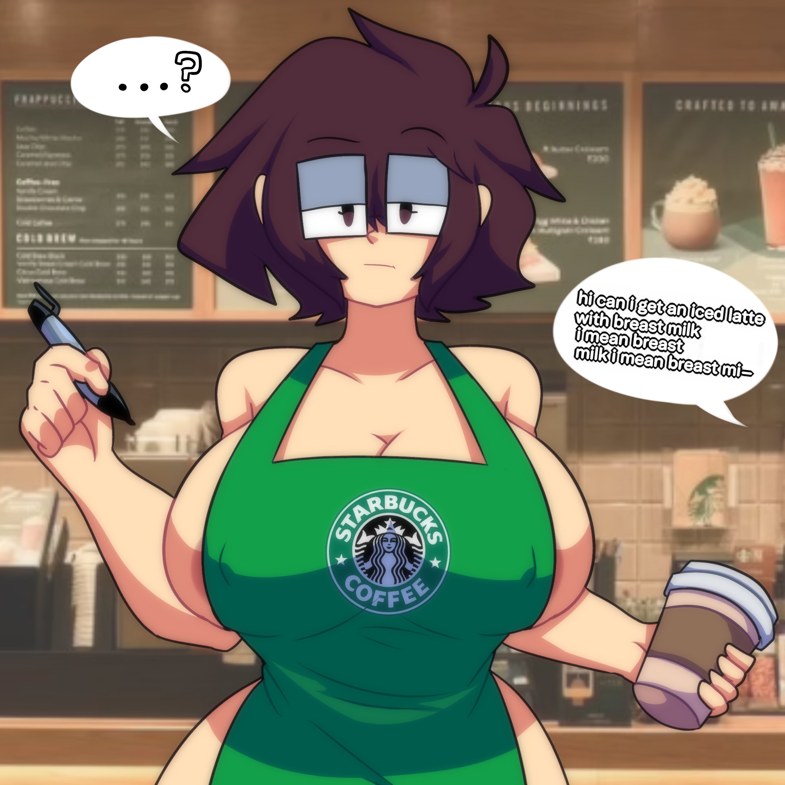 ?, 1girls, apron, big breasts, breasts, brown hair, female, glasses, hyper breasts, iced latte with breast milk, lueduar, lueduartv, lulú (lueduar), meme, short hair, solo, speech bubble, starbucks, text, text bubble