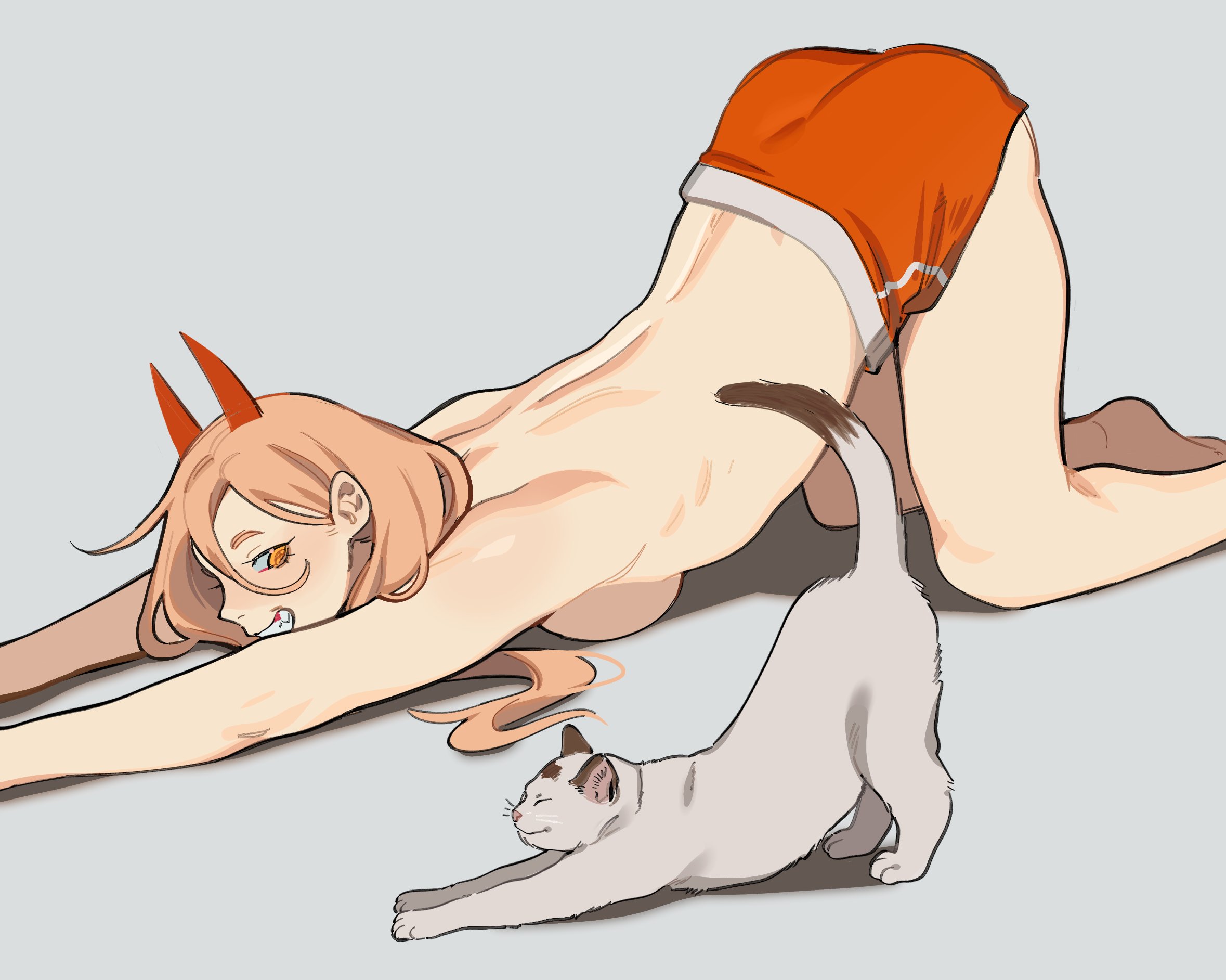 1girls, ass, ass up, breast press, breasts, chainsaw man, dolphin shorts, feline, female, grin, long hair, meowy (chainsaw man), porqueloin, power (chainsaw man), shorts, top-down bottom-up, topless