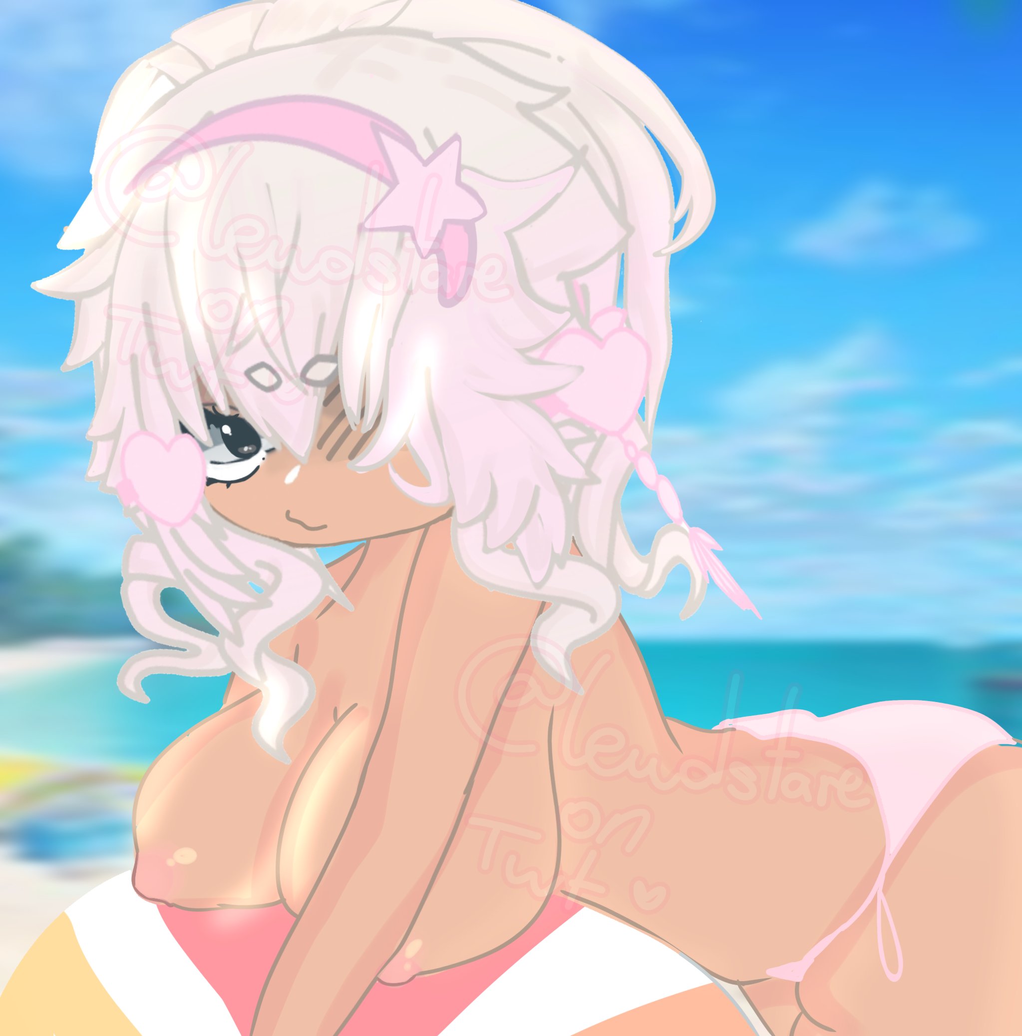 beach background, beachball, big breasts, breasts, female, gacha, gacha life, gyaru, naked female, topless female