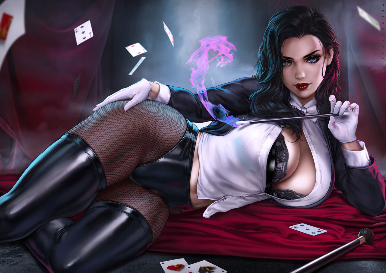 1girls, big breasts, black boots, black hair, black panties, breasts, clothed female, clothes, curvy figure, dandon fuga, dc, dc comics, erotic costume, female, highres, justice league, latex boots, latex panties, long hair, looking at viewer, magic user, magical girl, voluptuous, voluptuous female, zatanna, zatanna zatara